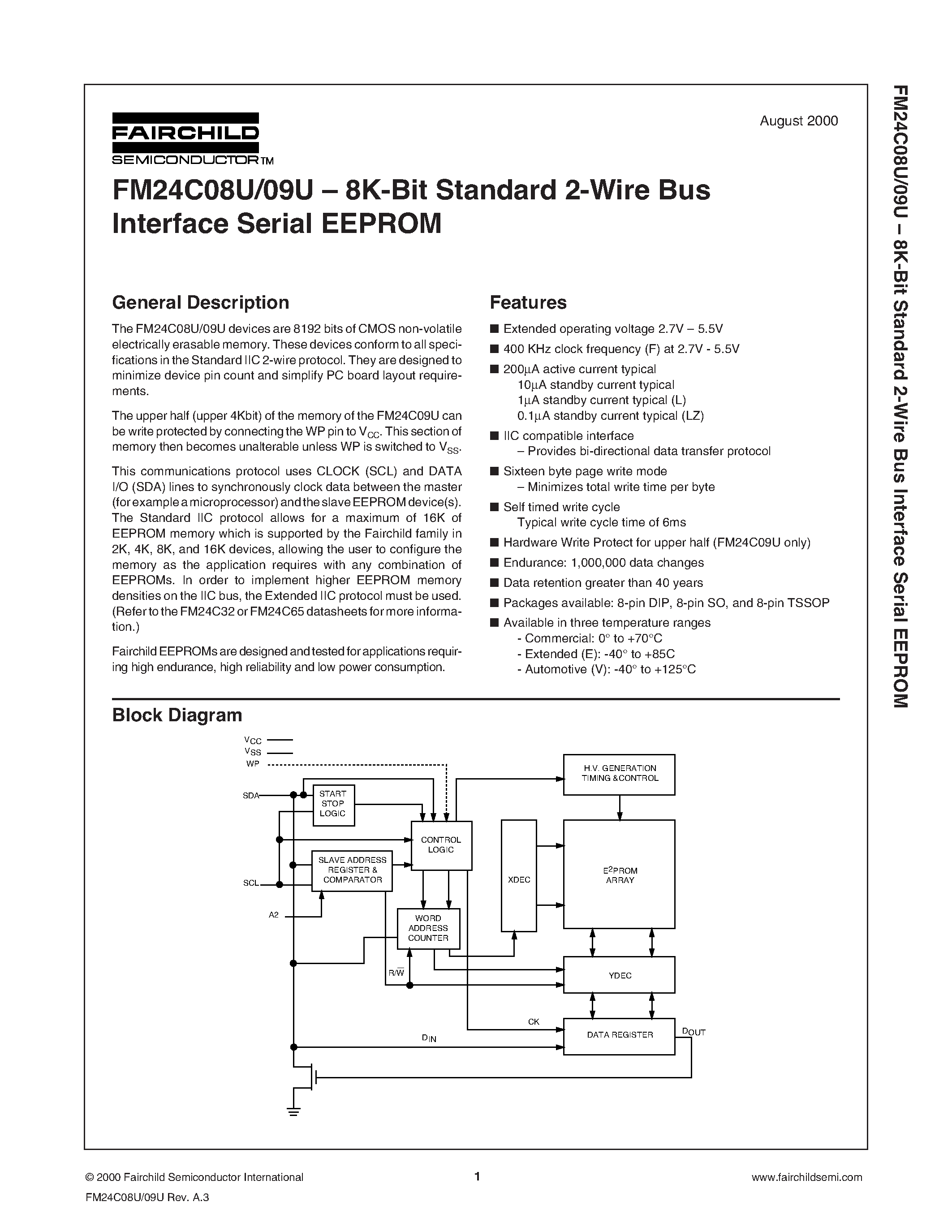 Datasheet FM24C08 - 8K-Bit Standard 2-Wire Bus page 1