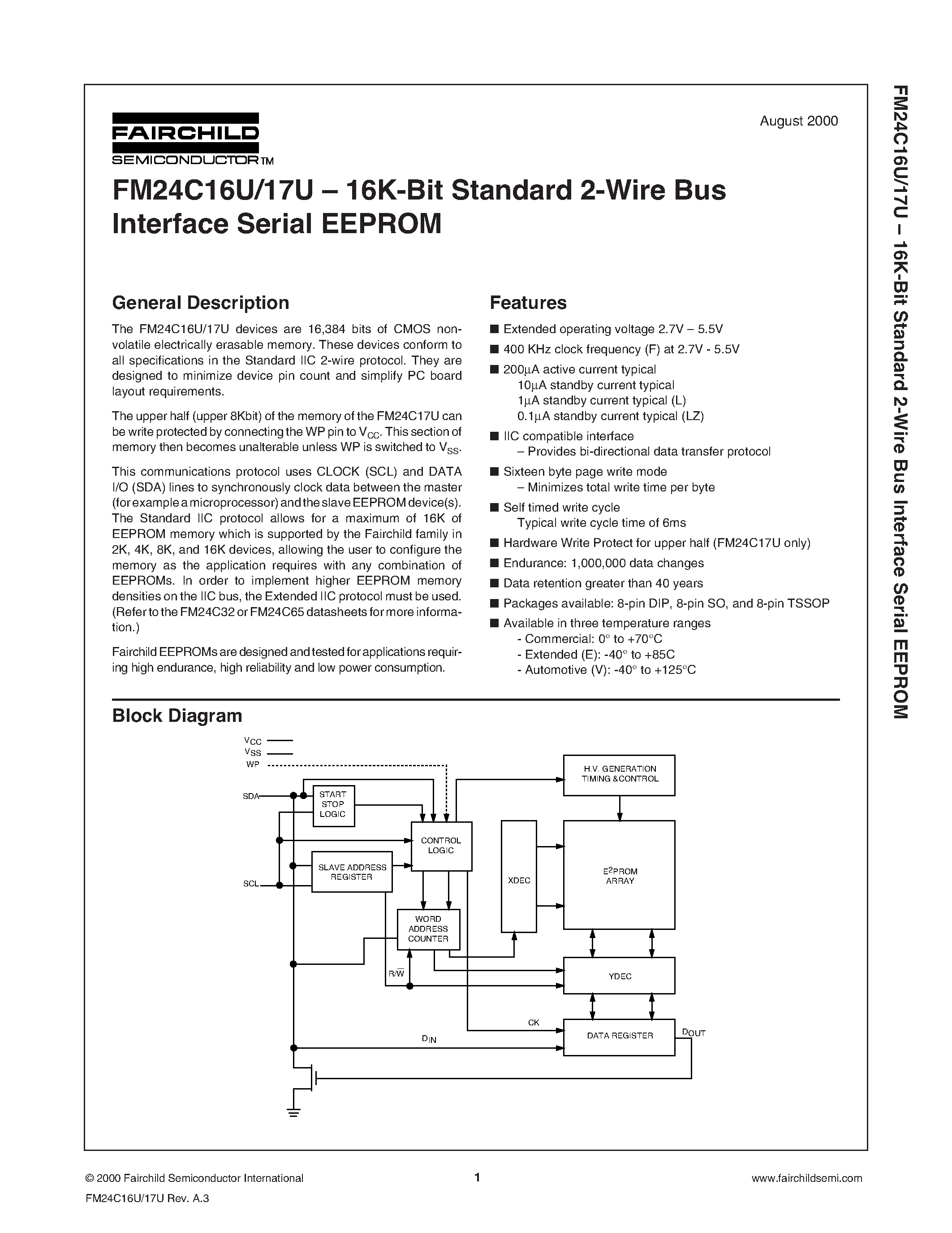Datasheet FM24C16U - 4K-Bit Standard 2-Wire Bus Interface Serial EEPROM page 1