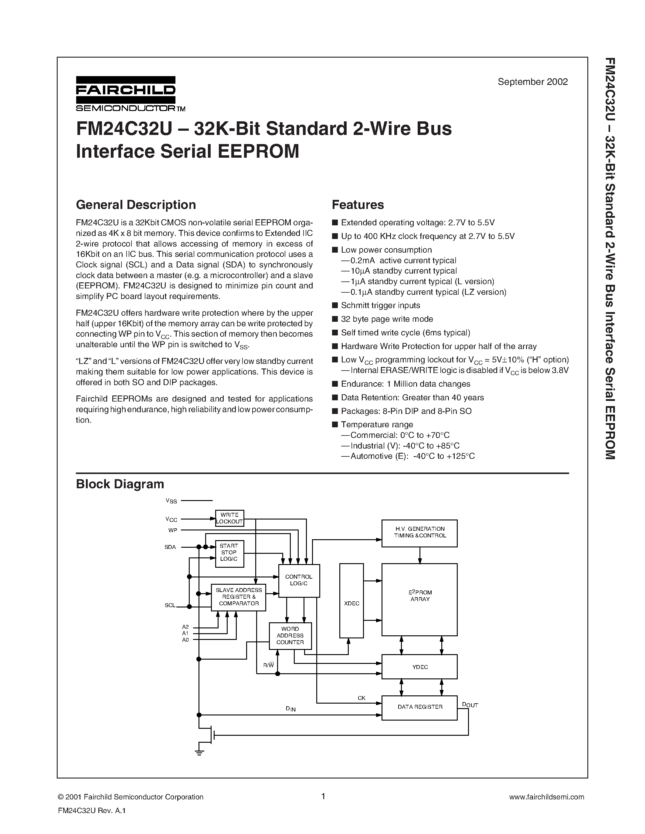 Datasheet FM24C32 - 32K-Bit Standard 2-Wire Bus Interface Serial EEPROM page 1