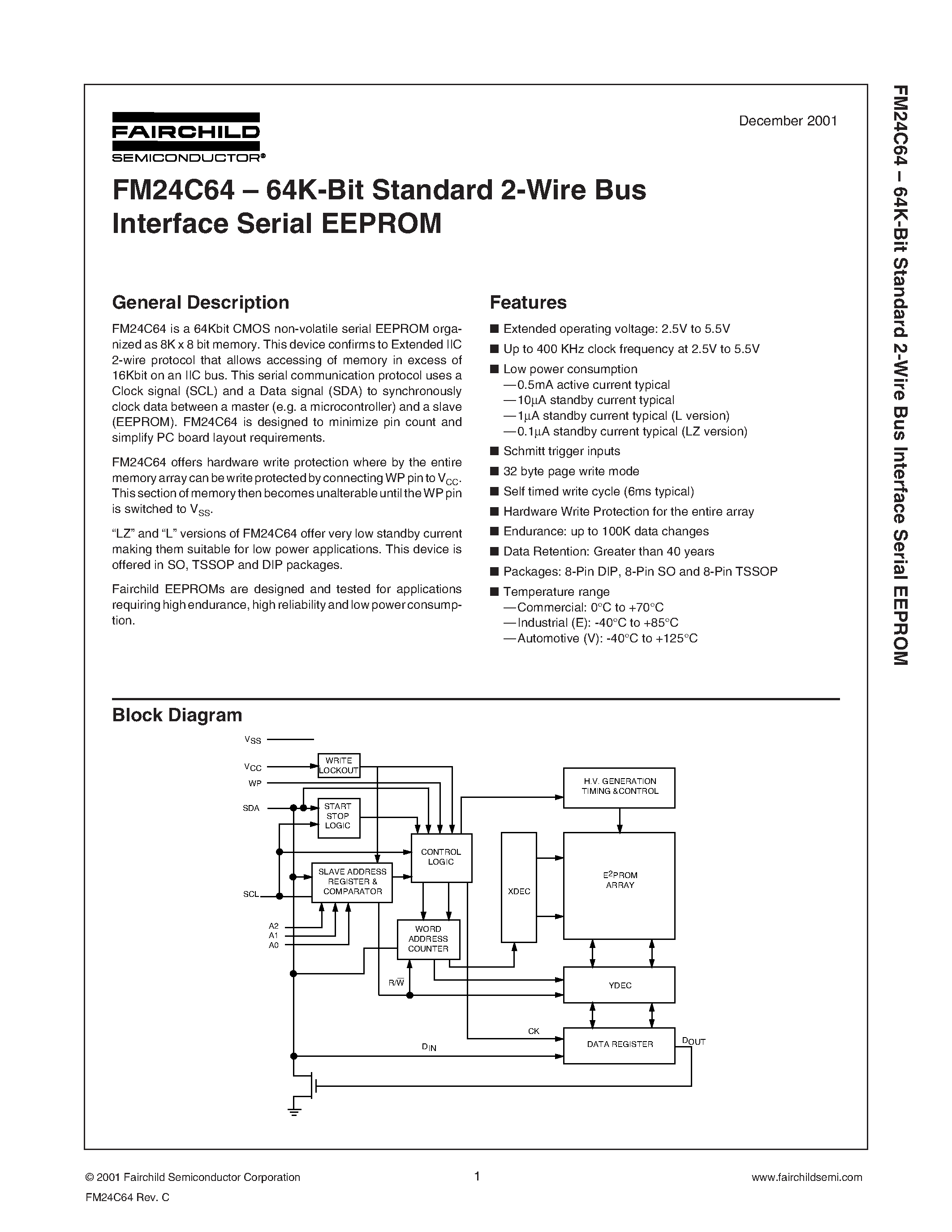 Datasheet FM24C64 - 64K-Bit Standard 2-Wire Bus Interface Serial EEPROM page 1