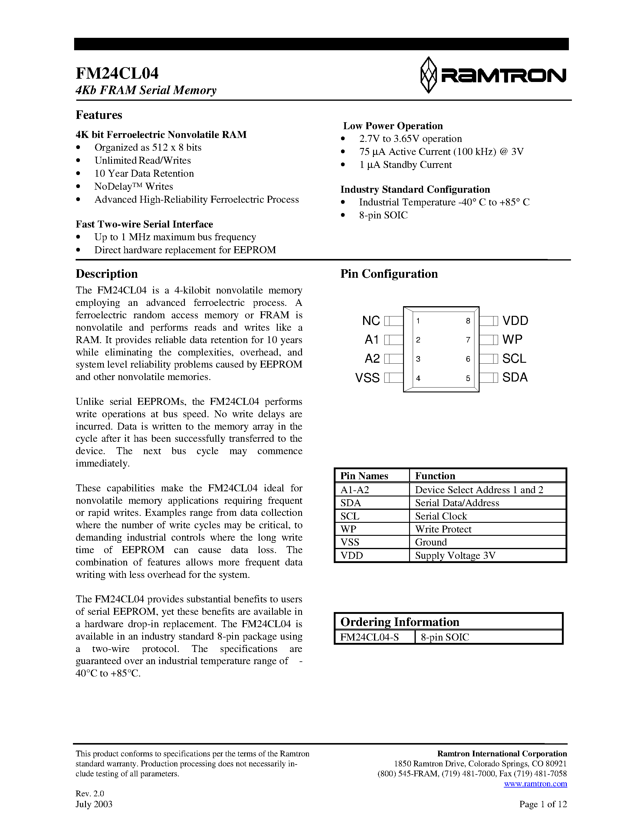 Datasheet FM24CL04-S - 4Kb FRAM Serial Memory page 1