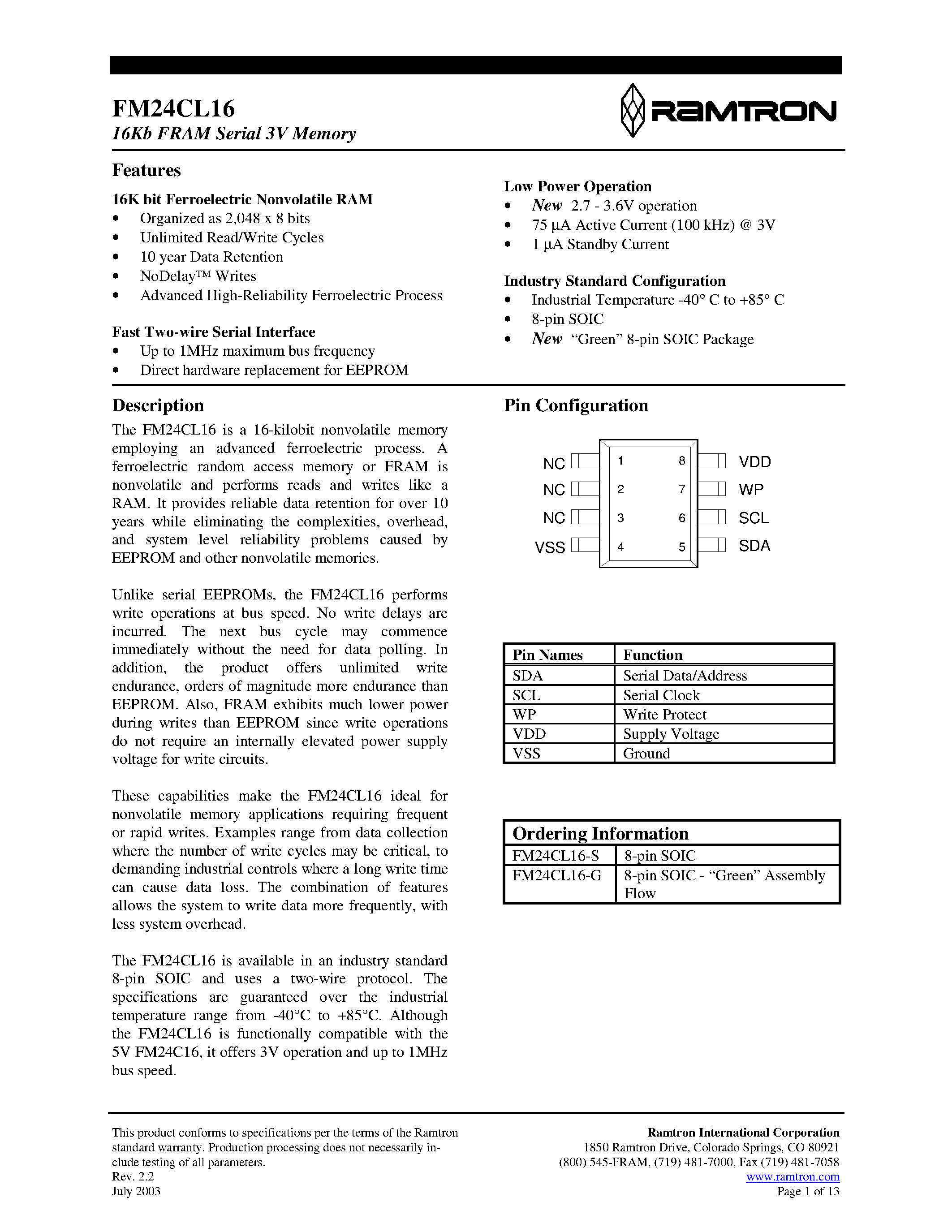 Datasheet FM24CL16-S - 16Kb FRAM Serial 3V Memory page 1