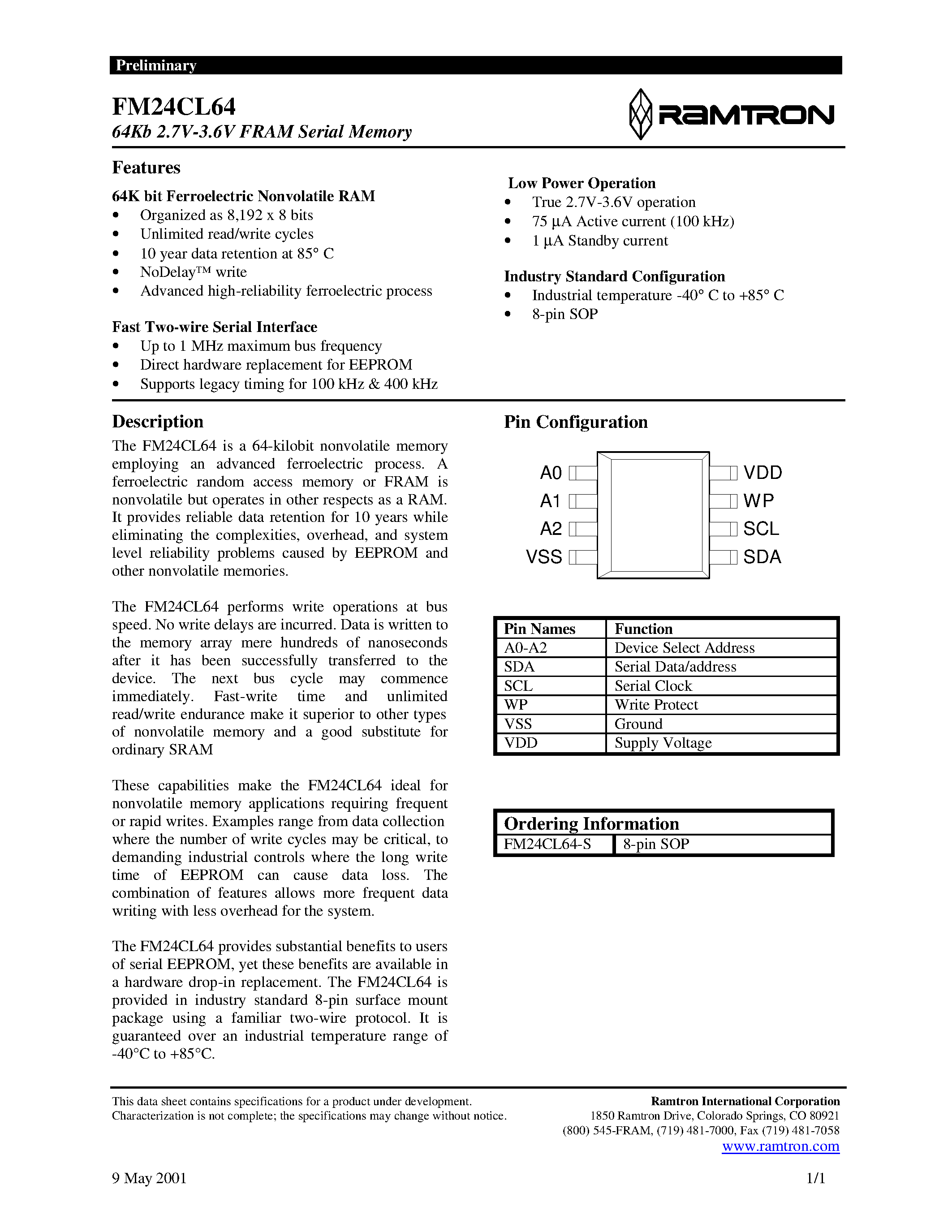 Datasheet FM24CL64 - 64Kb 2.7V-3.6V FRAM Serial Memory page 1