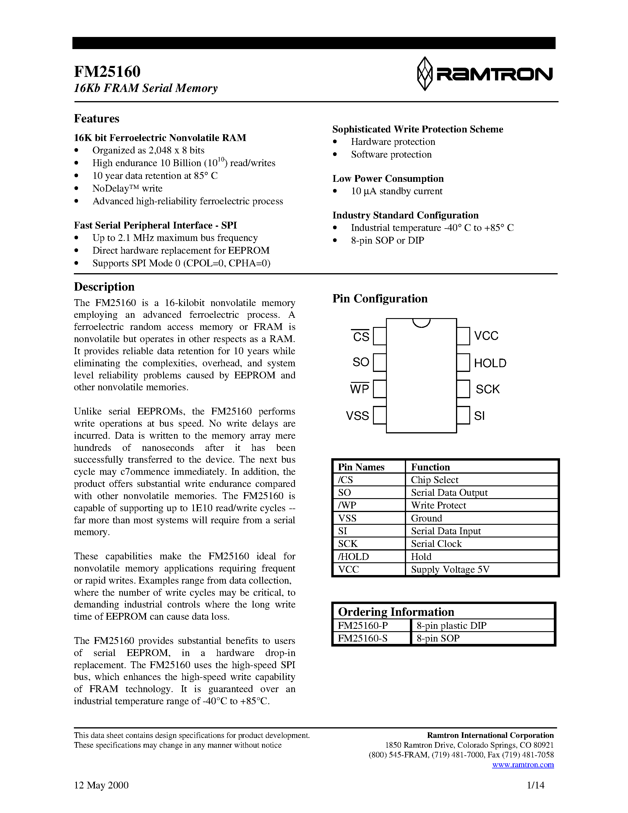 Даташит FM25160-P - 16Kb FRAM Serial Memory страница 1