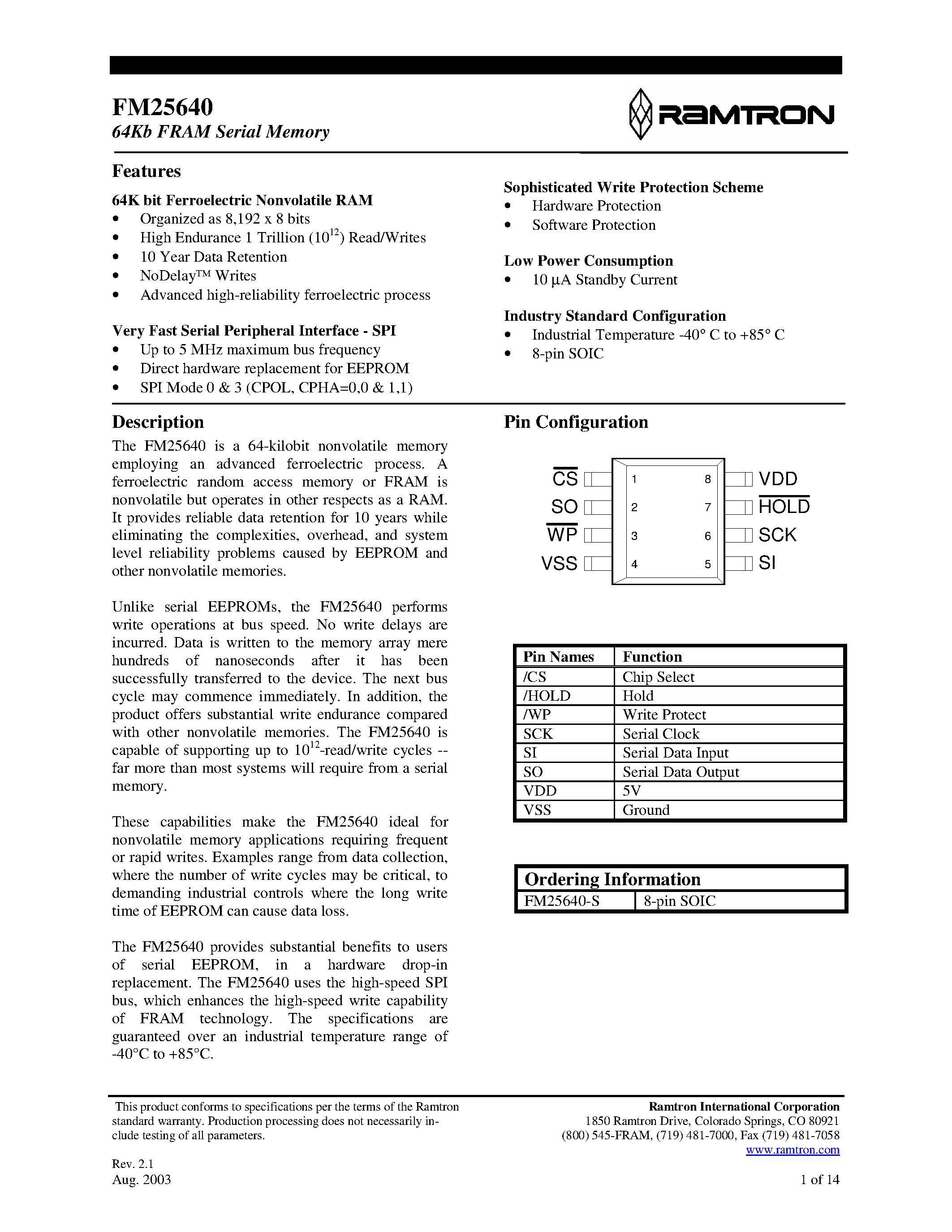 Datasheet FM25640-S - 64Kb FRAM Serial Memory page 1