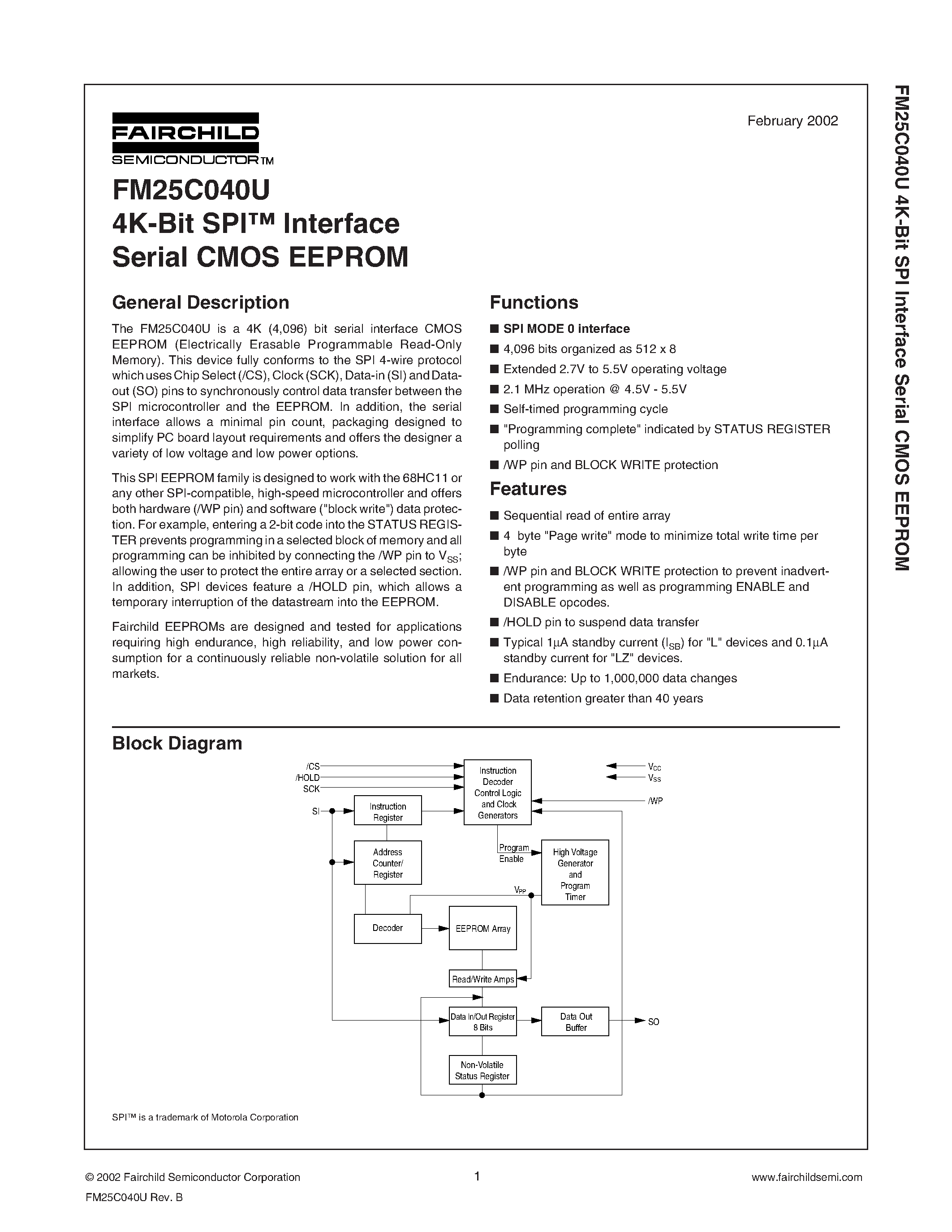 Datasheet FM25C040UE - 4K-Bit SPI Interface Serial CMOS EEPROM page 1