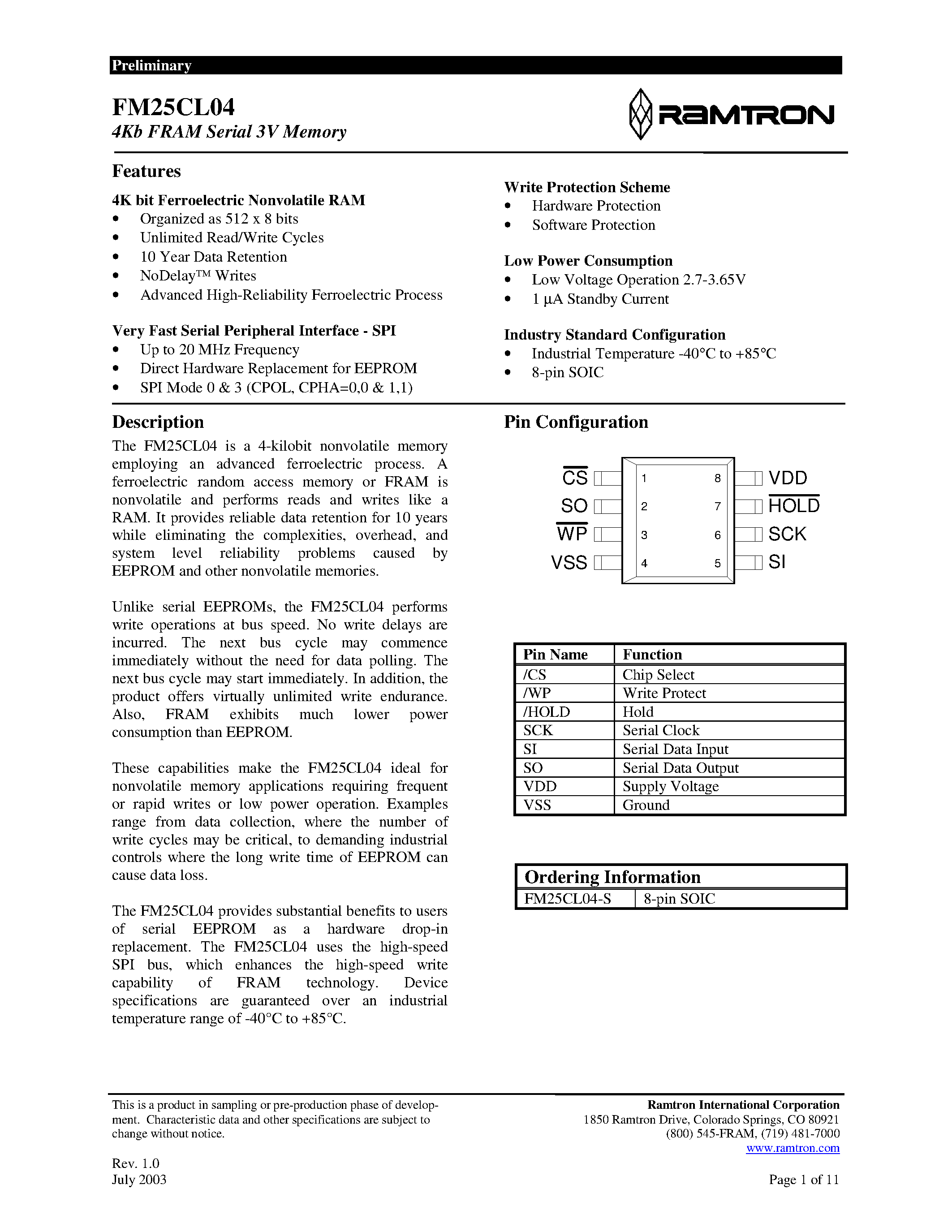 Datasheet FM25CL04-S - 4Kb FRAM Serial 3V Memory page 1