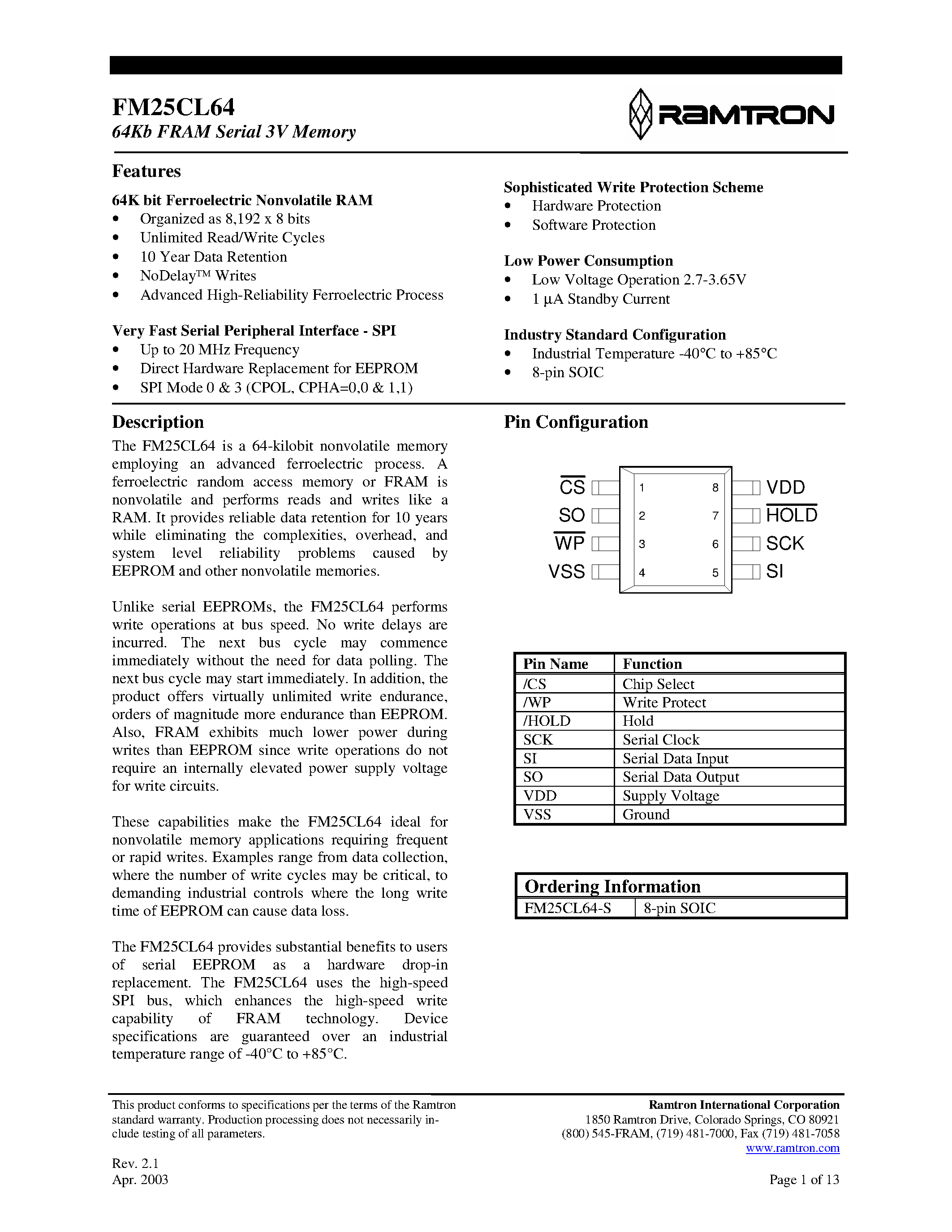 Datasheet FM25CL64-S - 64Kb FRAM Serial 3V Memory page 1