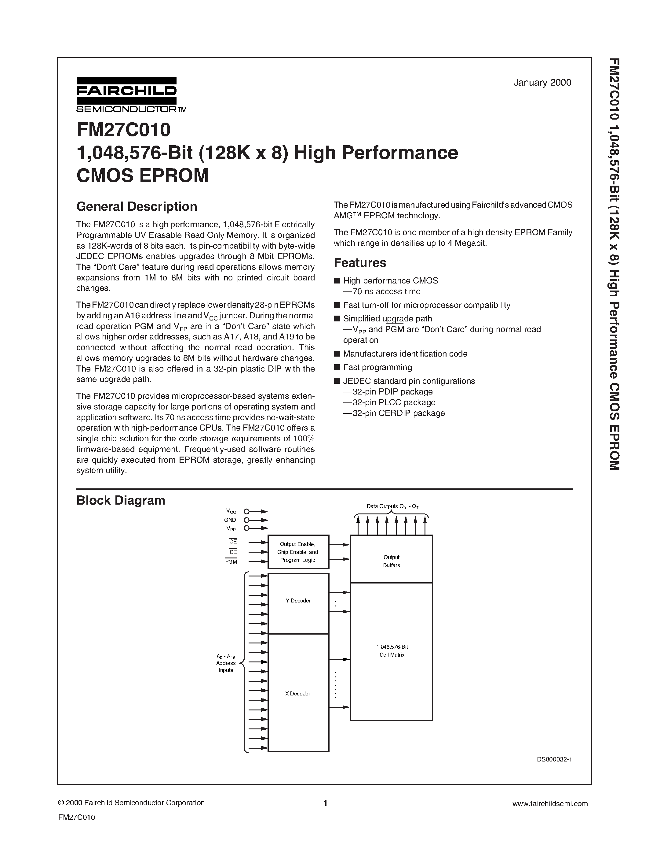 Даташит на микросхему FM27C010Q страница 1 Даташит FM27C010Q - 1/048/576-Bit 128K x 8 High Performance CMOS EPROM страница 1