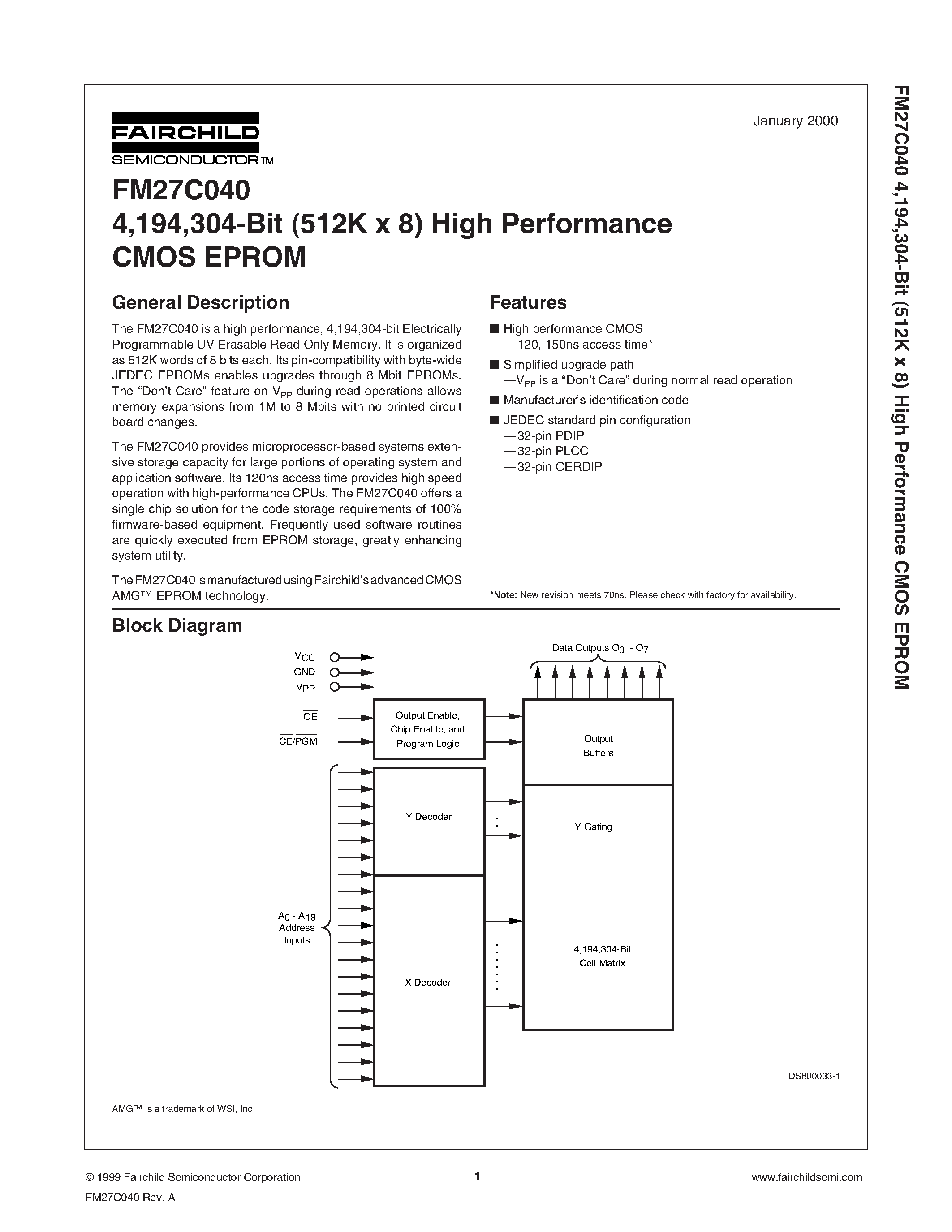 Даташит FM27C040QE150 - 4/194/304-Bit 512K x 8 High Performance CMOS EPROM страница 1