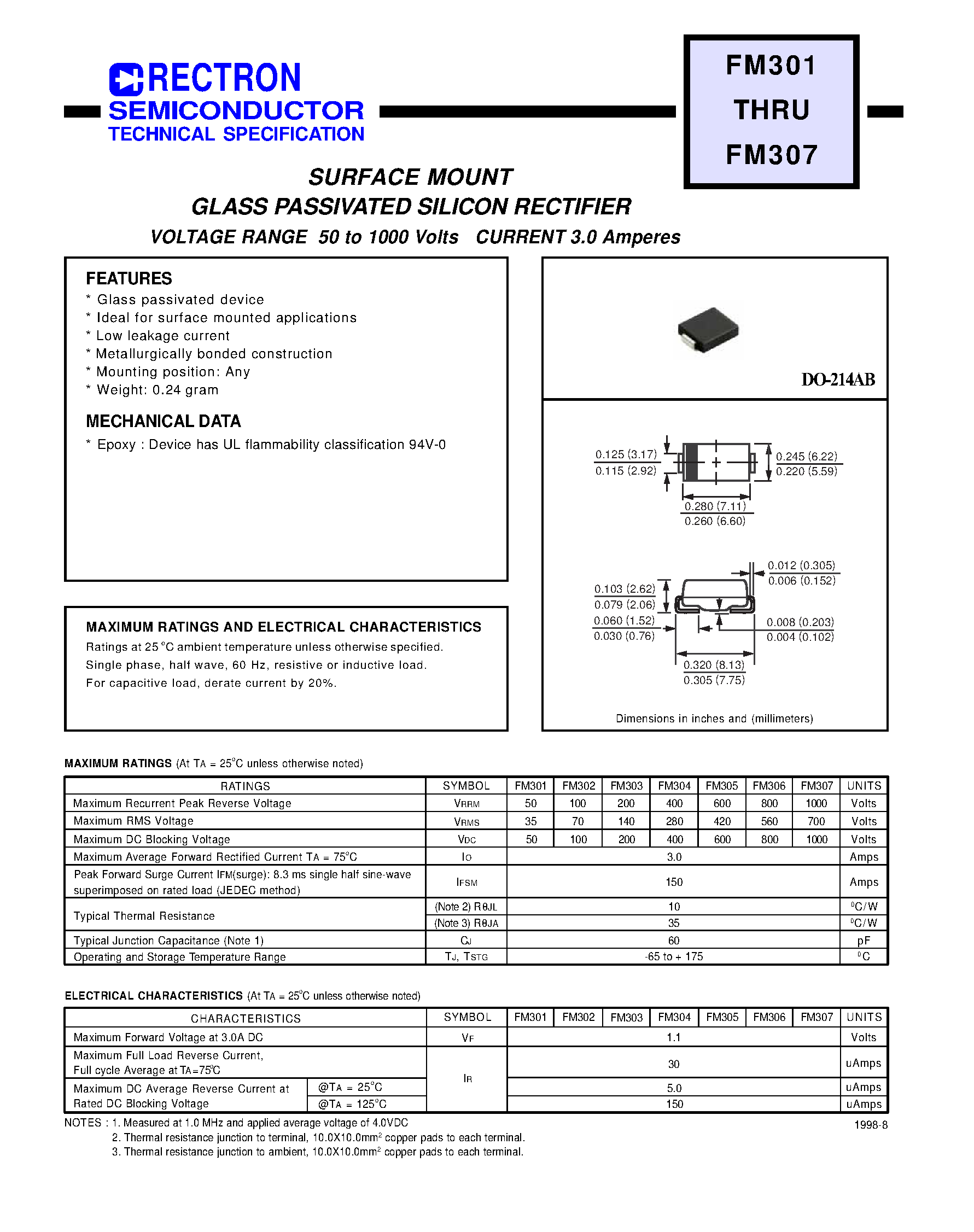 Datasheet FM305 - SURFACE MOUNT GLASS PASSIVATED SILICON RECTIFIER (VOLTAGE RANGE 50 to 1000 Volts CURRENT 3.0 Amperes) page 1