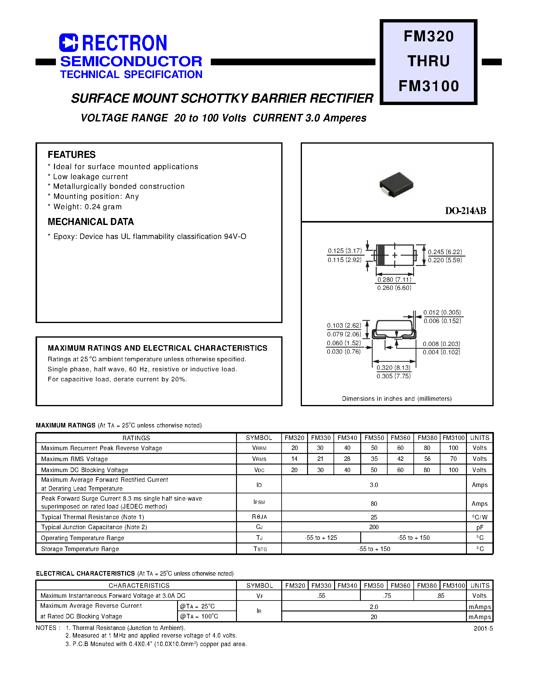 Datasheet FM320 - SURFACE MOUNT SCHOTTKY BARRIER RECTIFIER(VOLTAGE RANGE 20 to 100 Volts CURRENT 3.0 Amperes) page 1