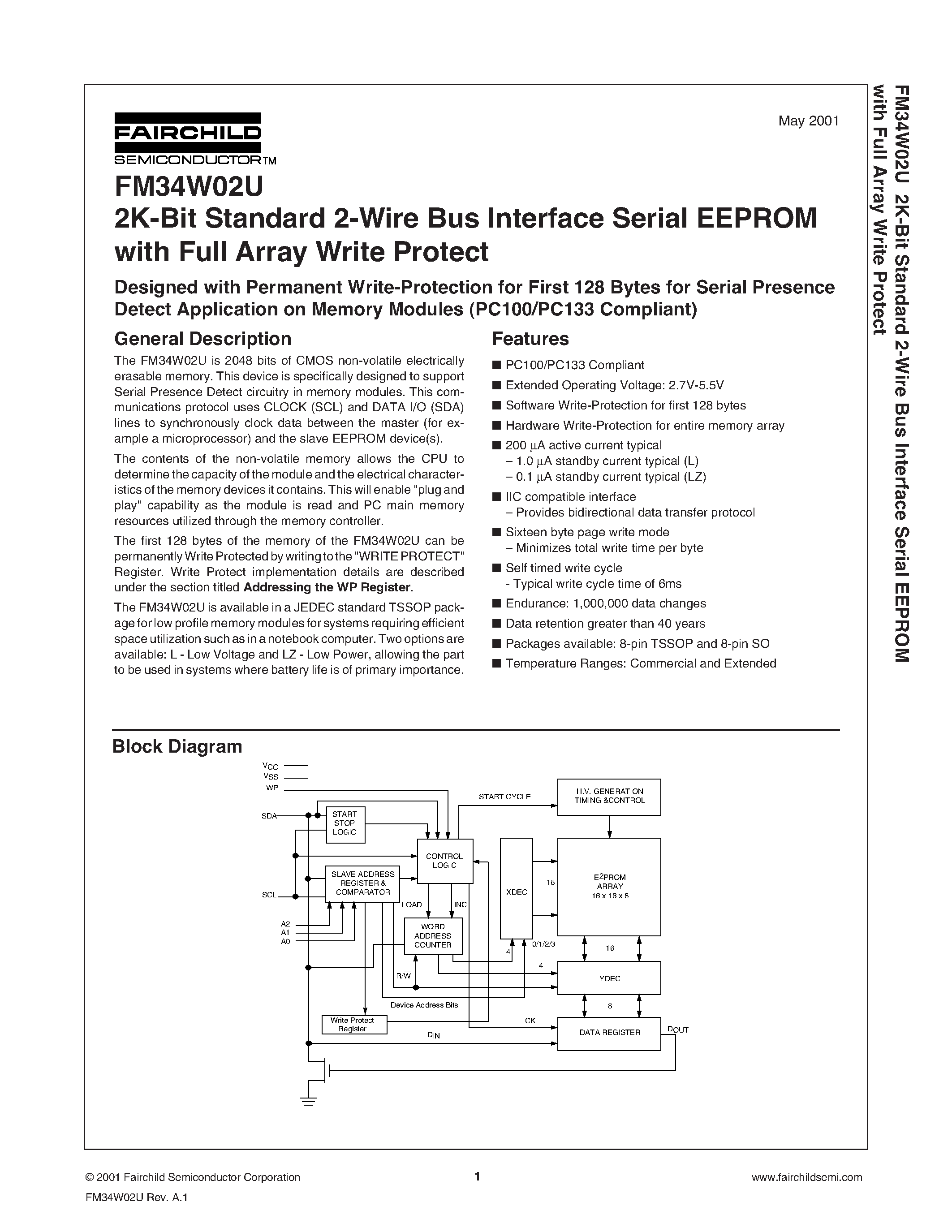 Даташит FM34W02ULZ - 2K-Bit Standard 2-Wire Bus Interface Serial EEPROM with Full Array Write Protect страница 1