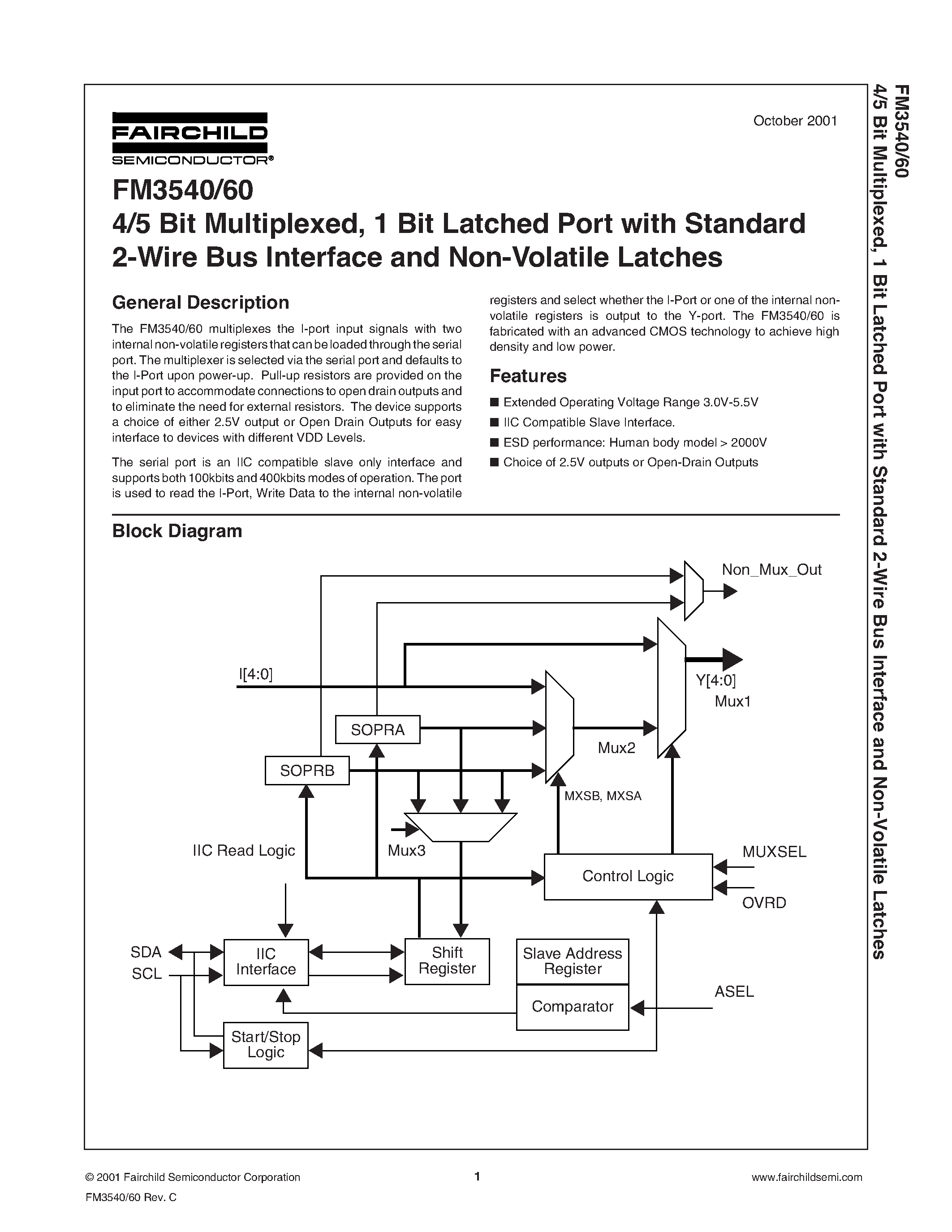 Даташит FM3540SMT14 - 4/5 Bit Multiplexed/ 1 Bit Latched Port with Standard 2-Wire Bus Interface and Non-Volatile Latches страница 1