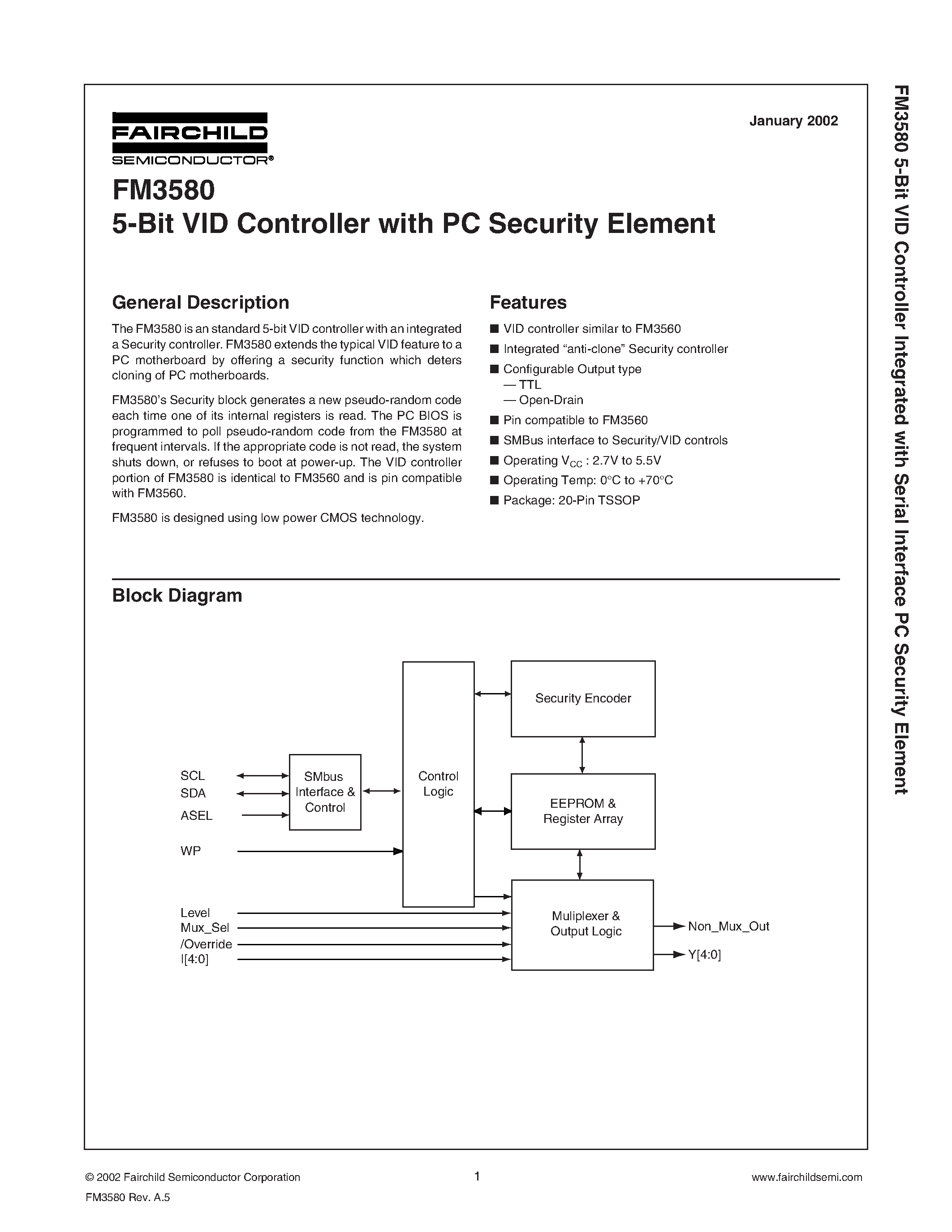 Datasheet FM3580MT20 page 1 Datasheet FM3580MT20 - 5-Bit VID Controller with PC Security Element page 1