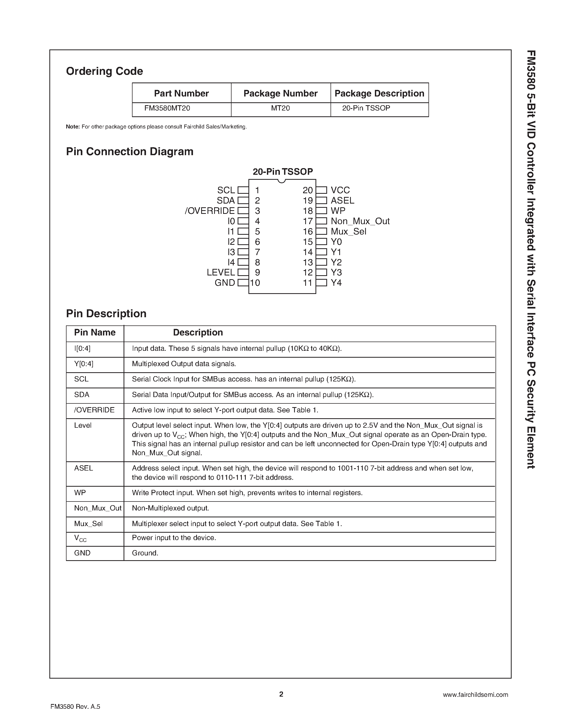 Datasheet FM3580MT20 page 2 Datasheet FM3580MT20 - 5-Bit VID Controller with PC Security Element page 2