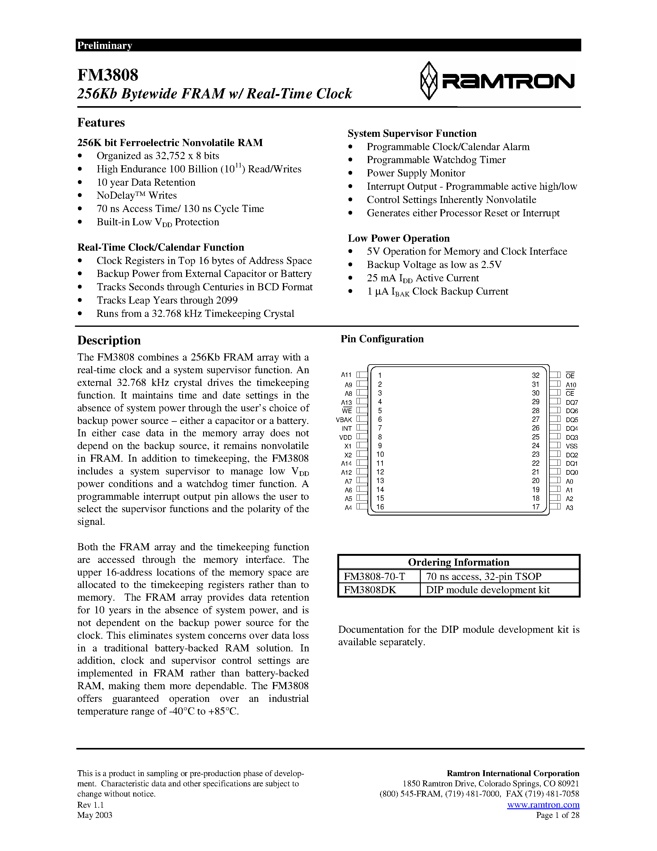 Datasheet FM3808-70-T - 256Kb Bytewide FRAM w/ Real-Time Clock page 1