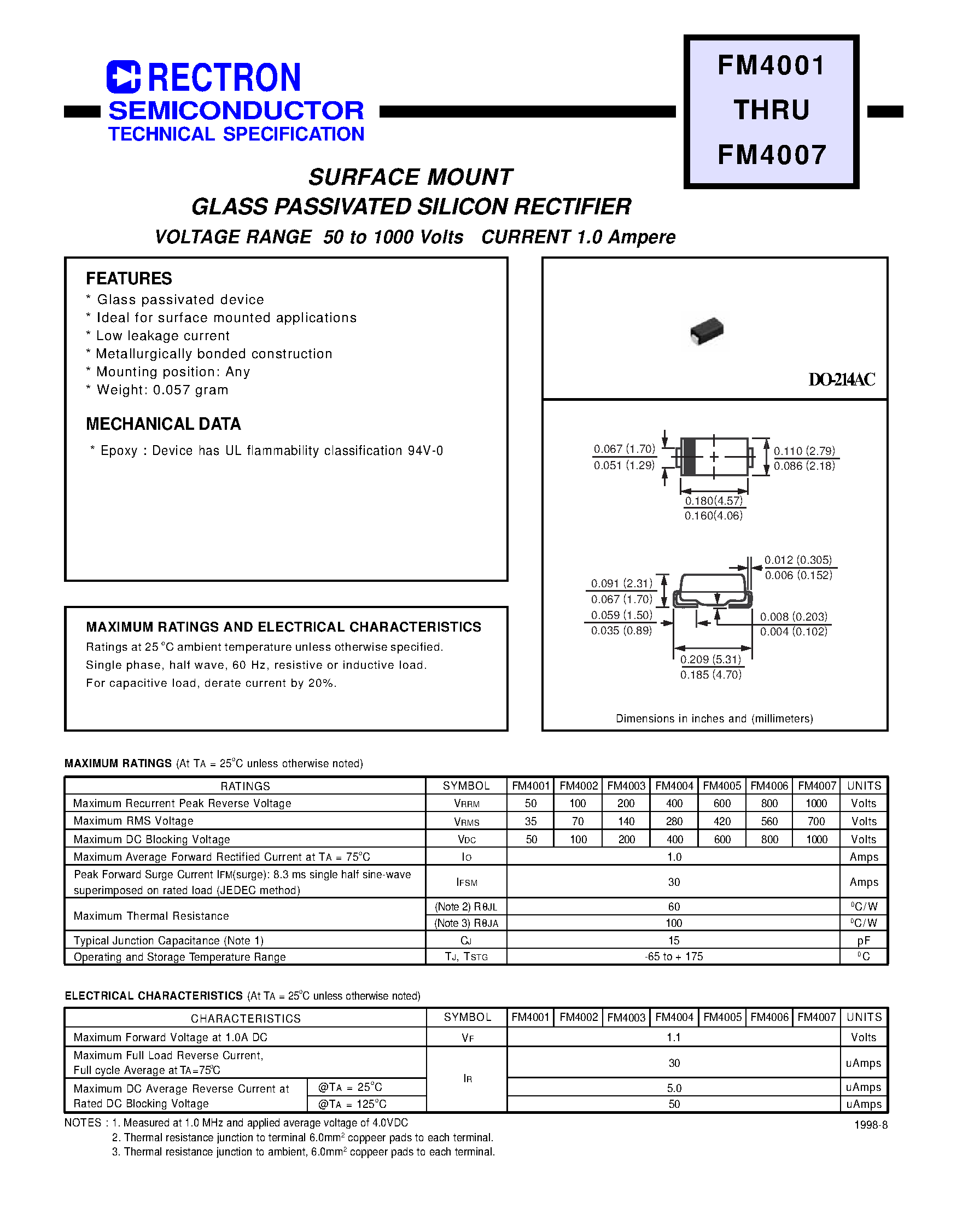 Datasheet FM4003 page 1 Datasheet FM4003 - GLASS PASSIVATED SILICON RECTIFIER(VOLTAGE RANGE 50 to 1000 Volts CURRENT 1.0 Ampere) page 1