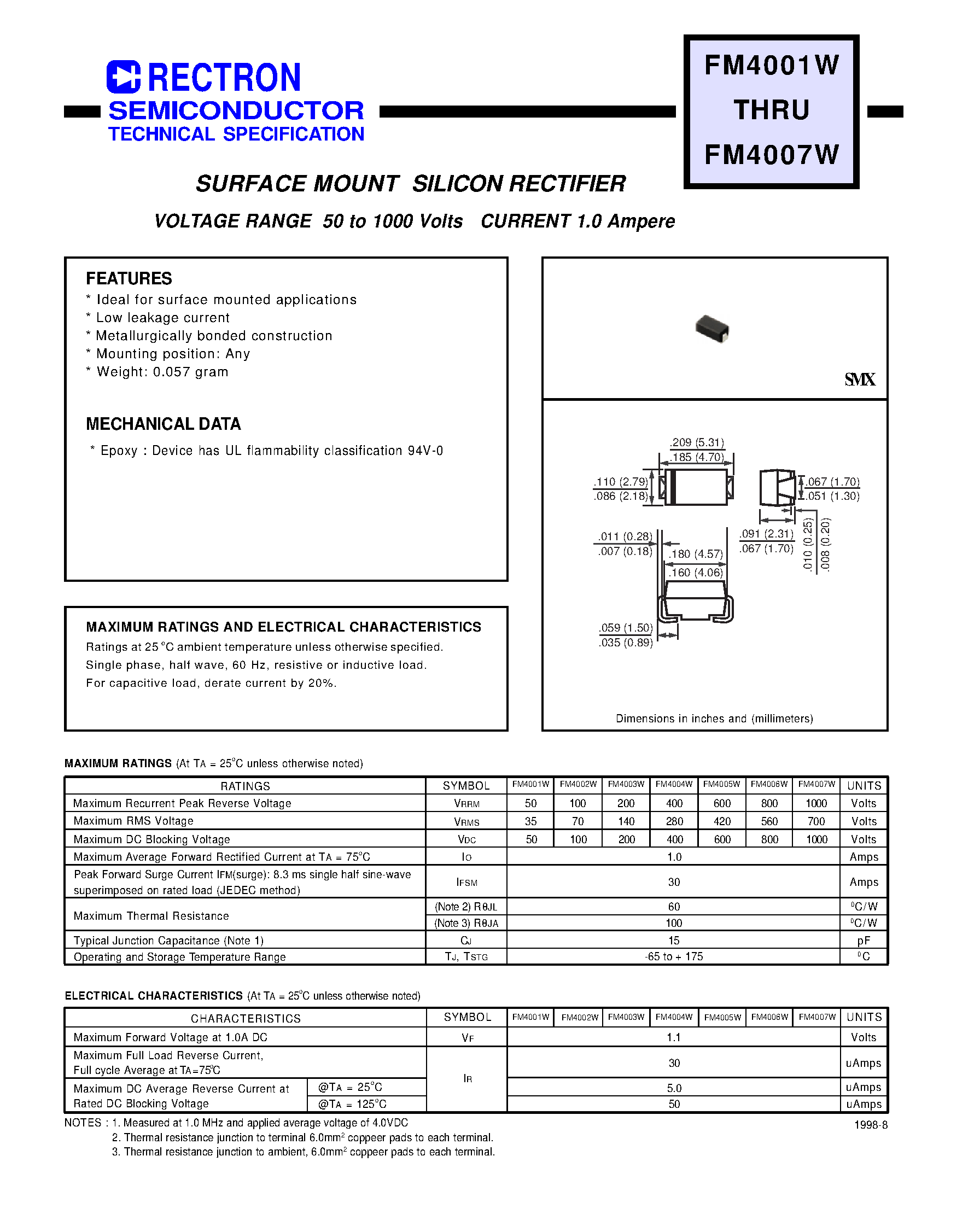 Даташит на микросхему FM4003W страница 1 Даташит FM4003W - SURFACE MOUNT SILICON RECTIFIER (VOLTAGE RANGE 50 to 1000 Volts CURRENT 1.0 Ampere) страница 1