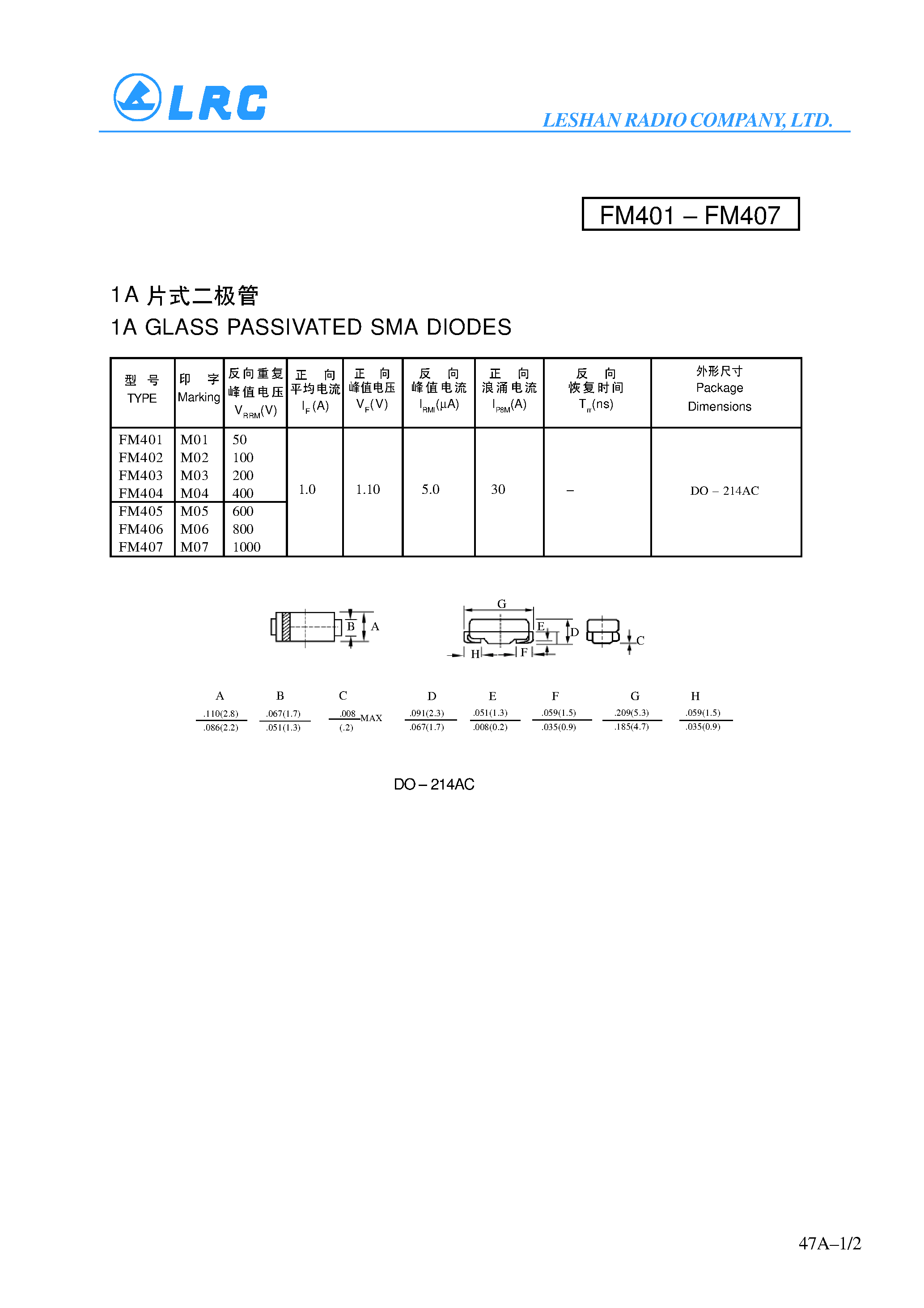 Даташит FM407 - 1A GLASS PASSIVATED SMA DIODES страница 1