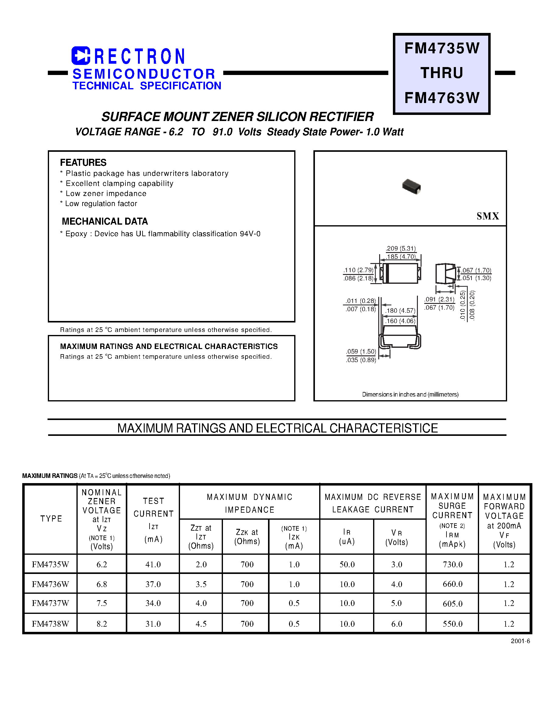 Даташит FM4756W - SURFACE MOUNT ZENER SILICON RECTIFIER (VOLTAGE RANGE - 6.2 TO 91.0 Volts Steady State Power- 1.0 Watt) страница 1