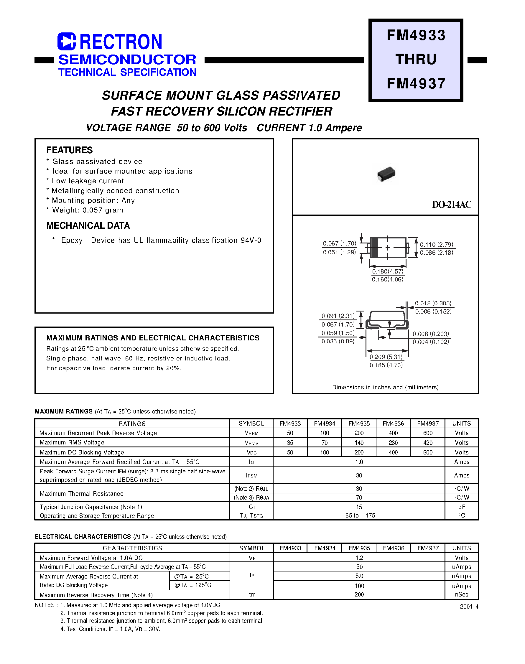 Datasheet FM4933 page 1 Datasheet FM4933 - SURFACE MOUNT GLASS PASSIVATED FAST RECOVERY SILICON RECTIFIER (VOLTAGE RANGE 50 to 600 Volts CURRENT 1.0 Ampere) page 1