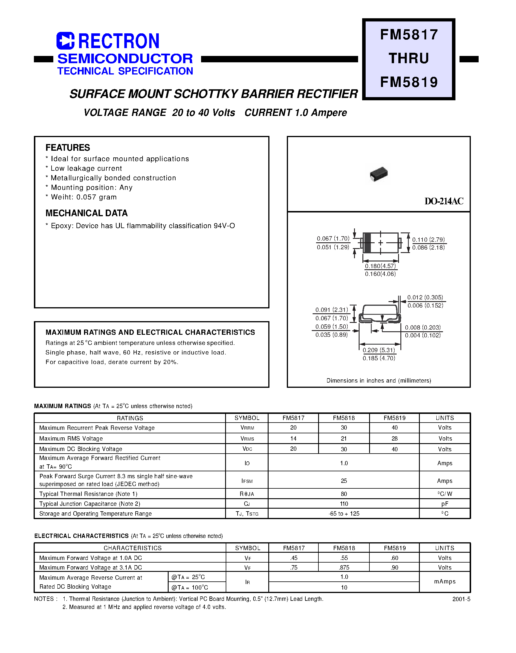 Datasheet FM5819 - SURFACE MOUNT SCHOTTKY BARRIER RECTIFIER (VOLTAGE RANGE 20 to 40 Volts CURRENT 1.0 Ampere) page 1