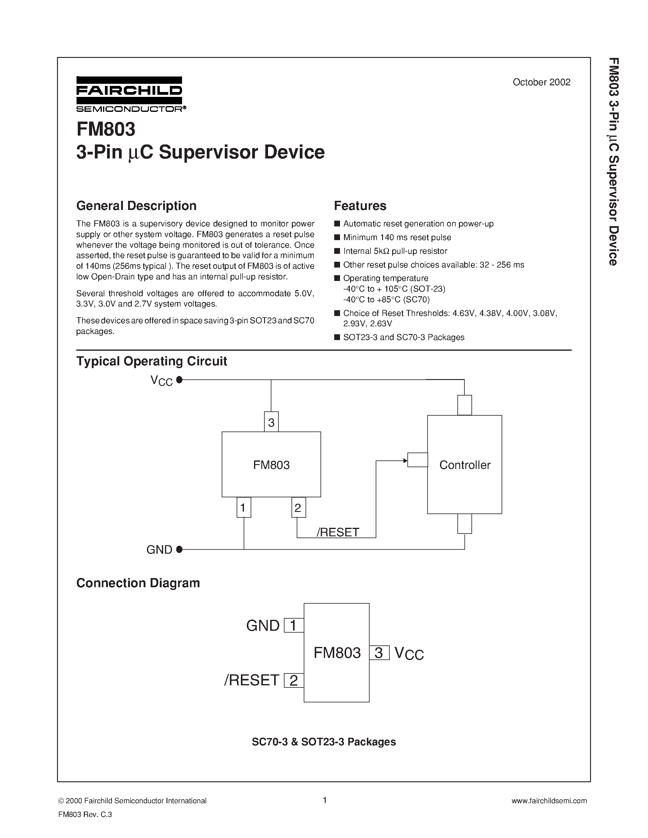 Datasheet FM803 page 1 Datasheet FM803 - 3-Pin C Supervisor Device page 1