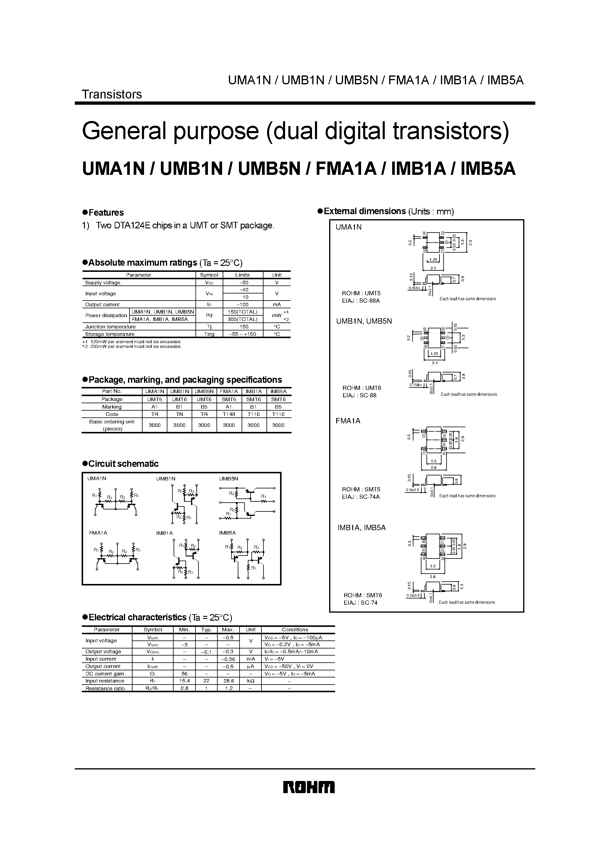 Даташит FMA1A - General purpose (dual digital transistors) страница 1