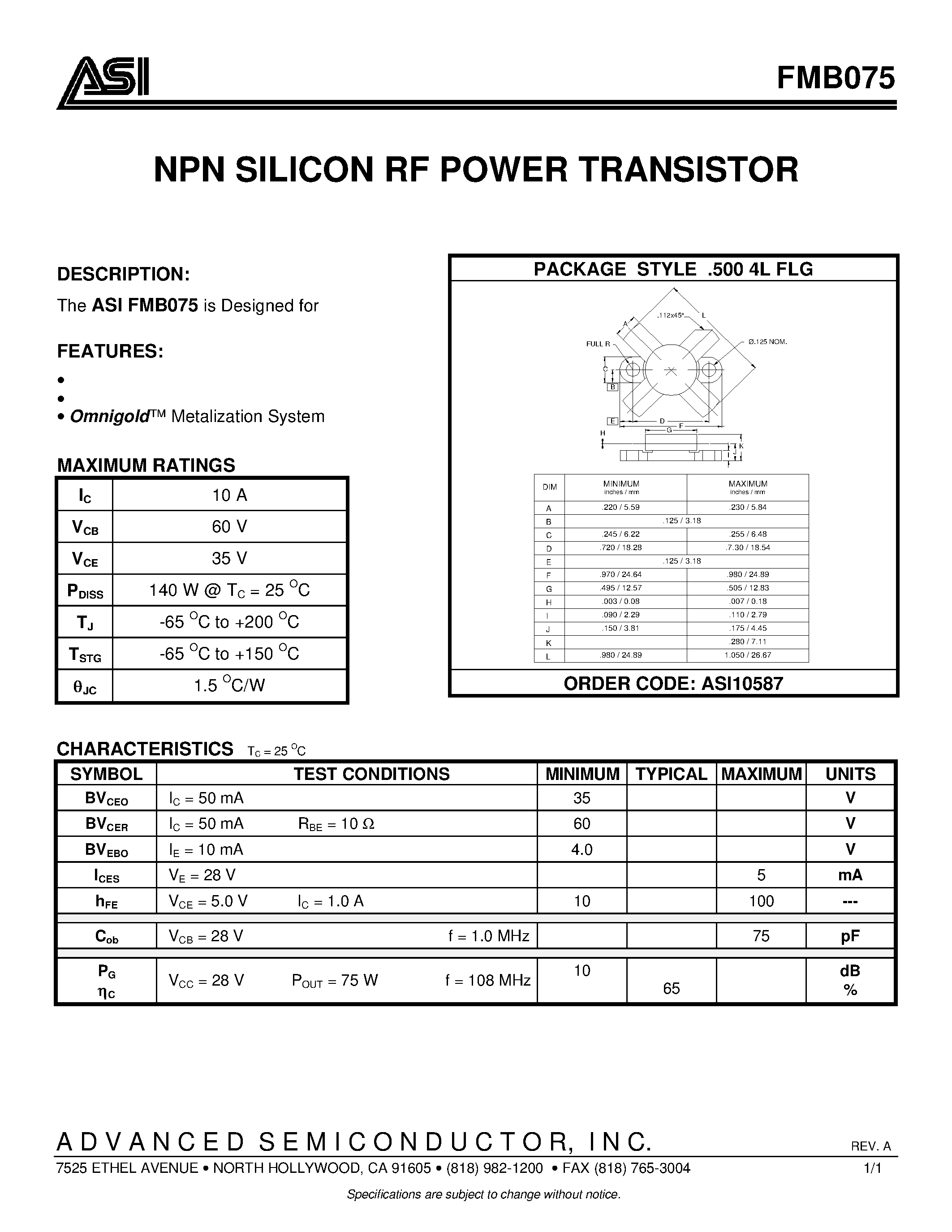 Даташит FMB075 - NPN SILICON RF POWER TRANSISTOR страница 1