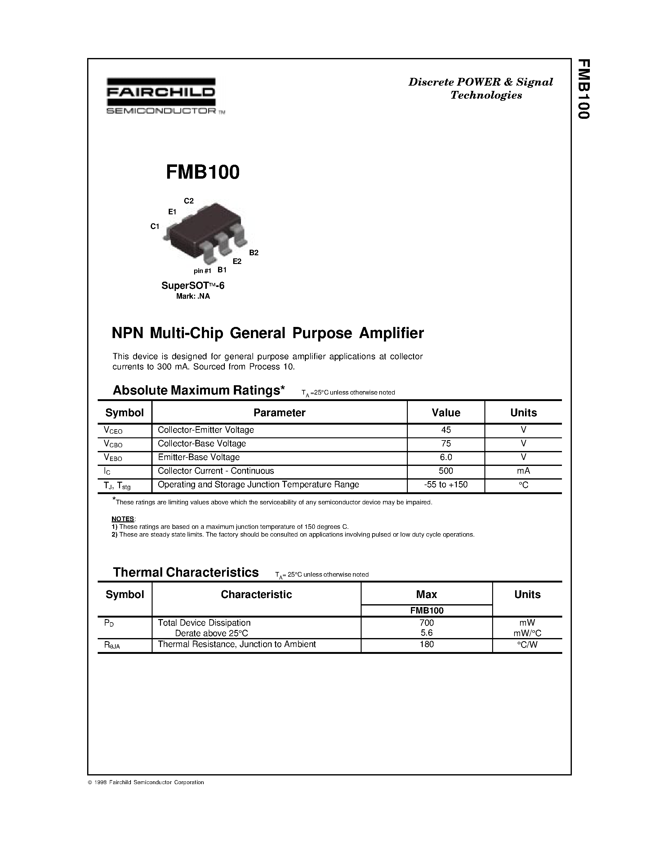 Datasheet FMB100 - NPN Multi-Chip General Purpose Amplifier page 1