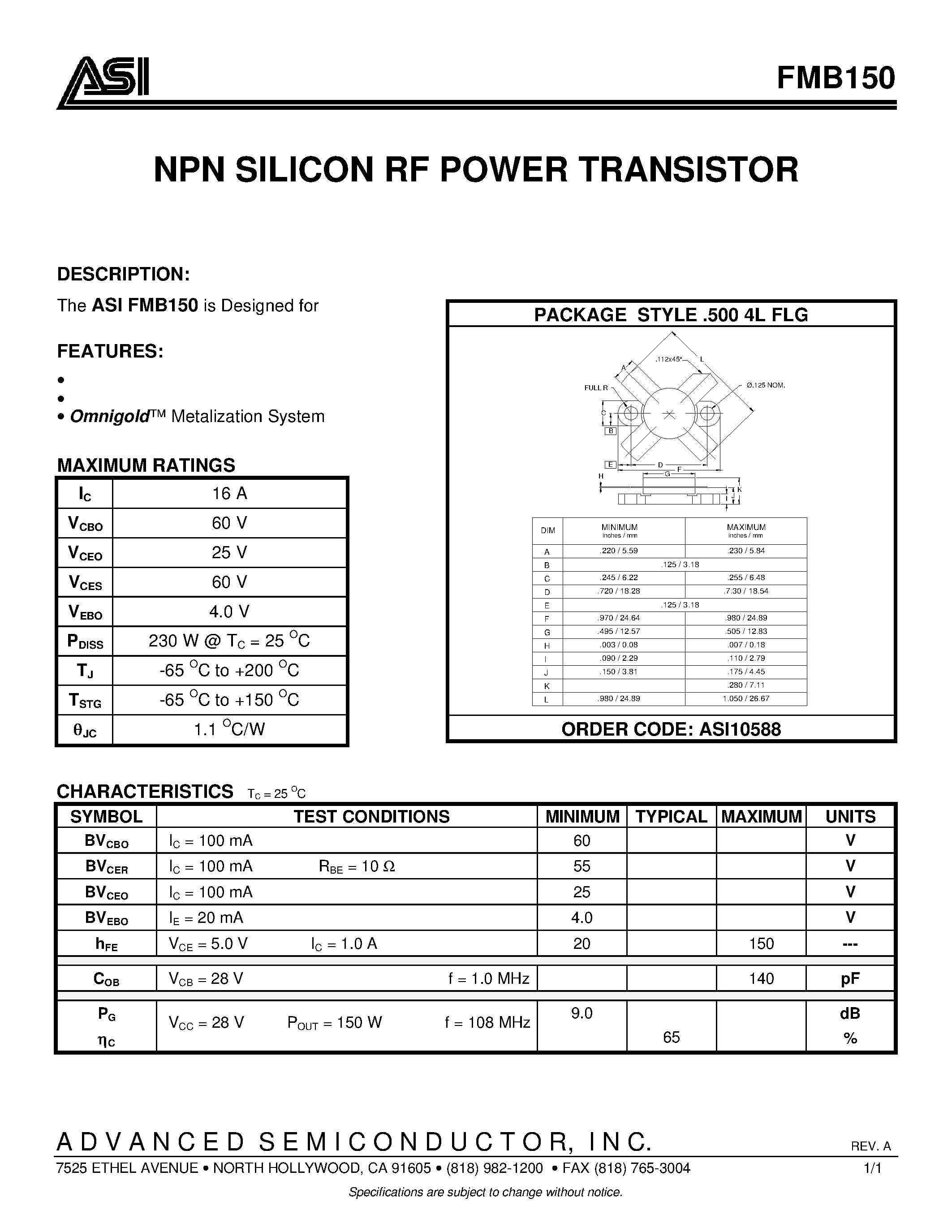 Даташит FMB150 - NPN SILICON RF POWER TRANSISTOR страница 1