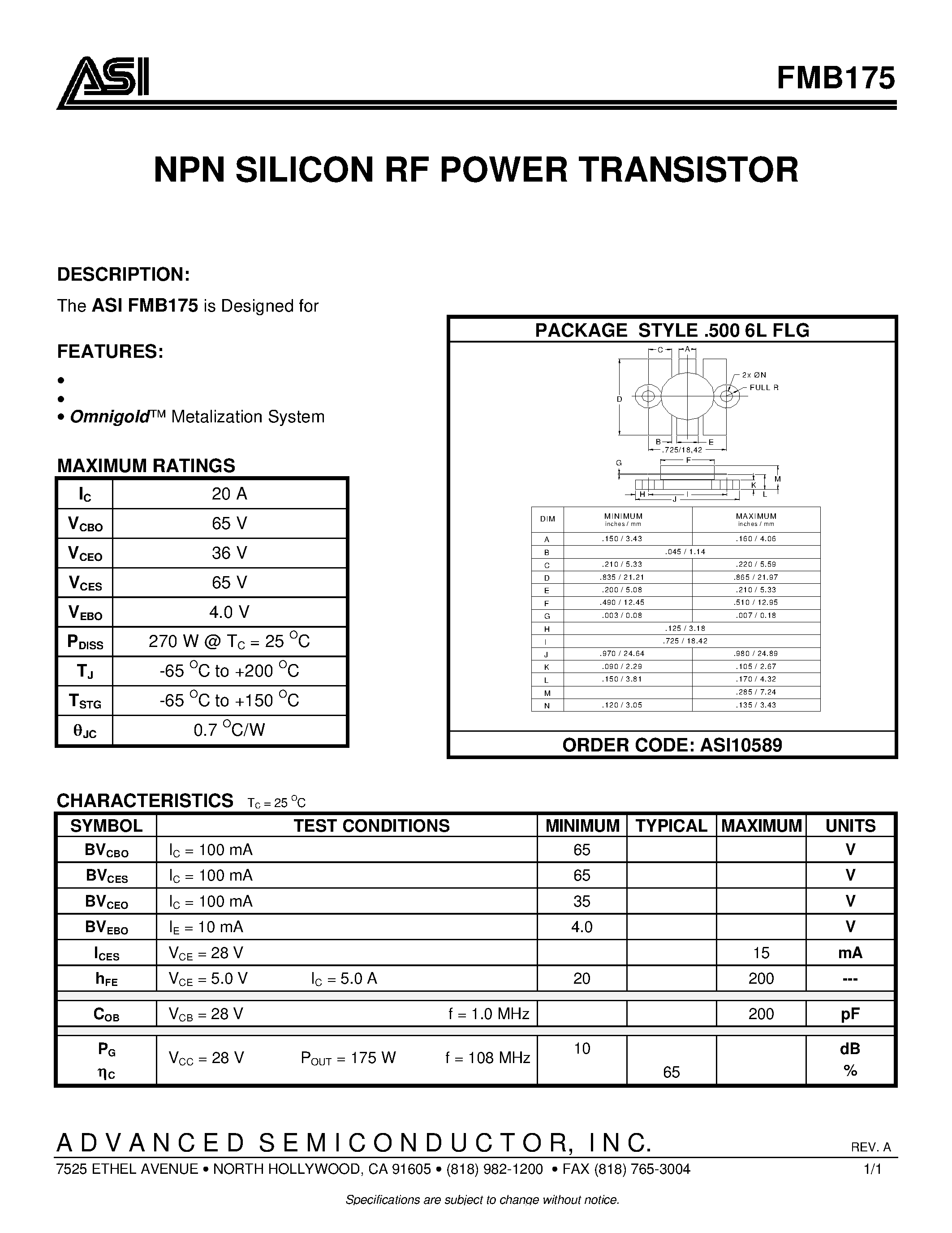Datasheet FMB175 page 1 Datasheet FMB175 - NPN SILICON RF POWER TRANSISTOR page 1