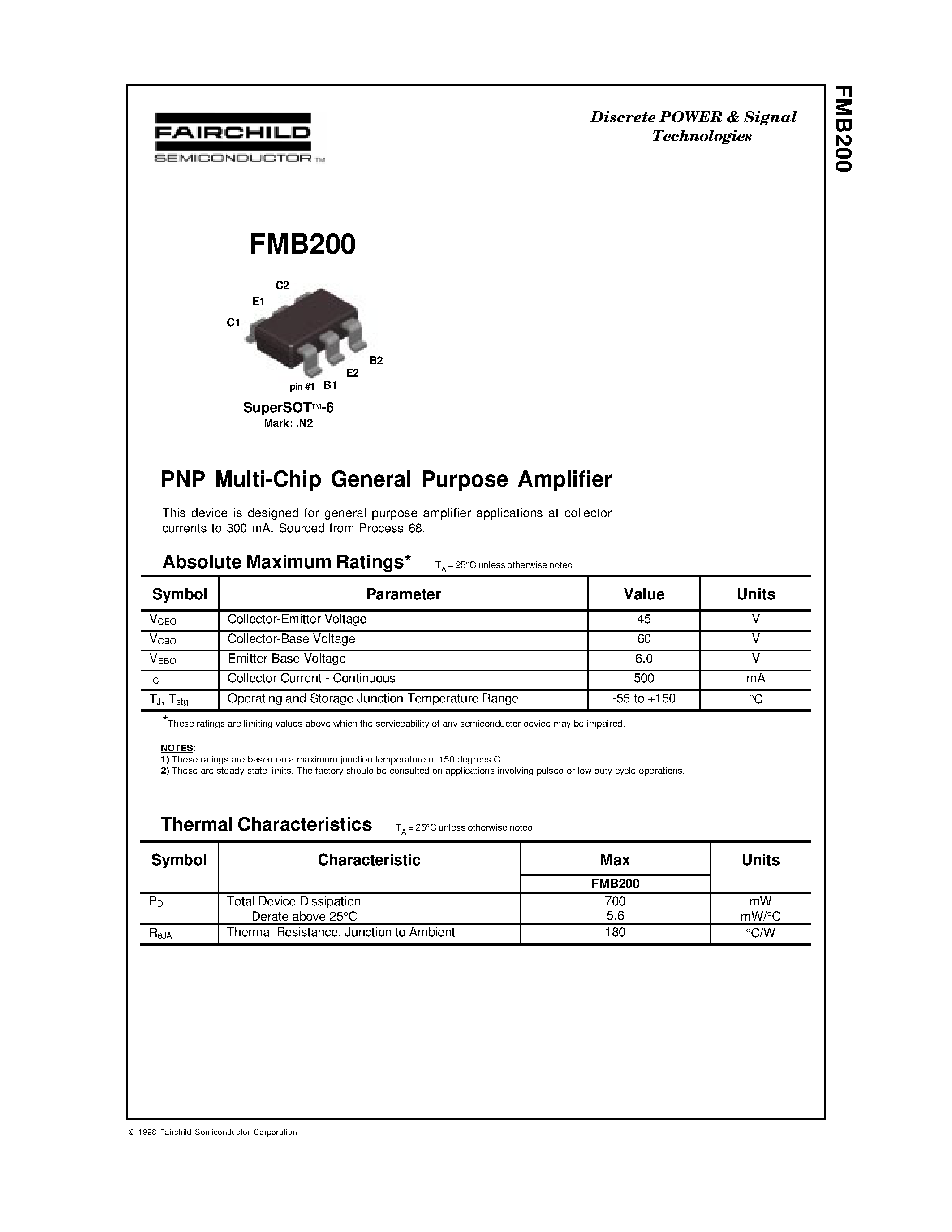 Даташит FMB200 - PNP Multi-Chip General Purpose Amplifier страница 1