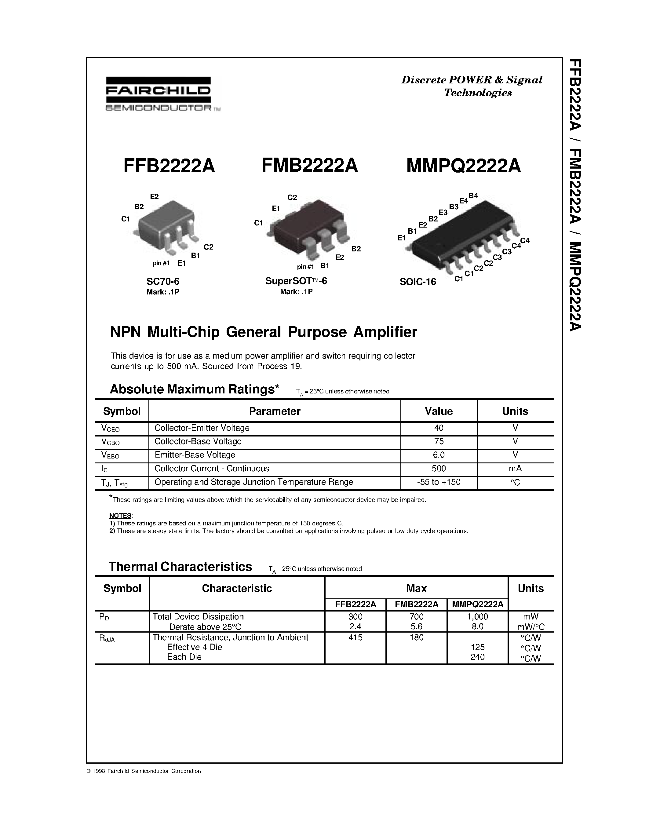 Даташит FMB2222A - NPN Multi-Chip General Purpose Amplifier страница 1