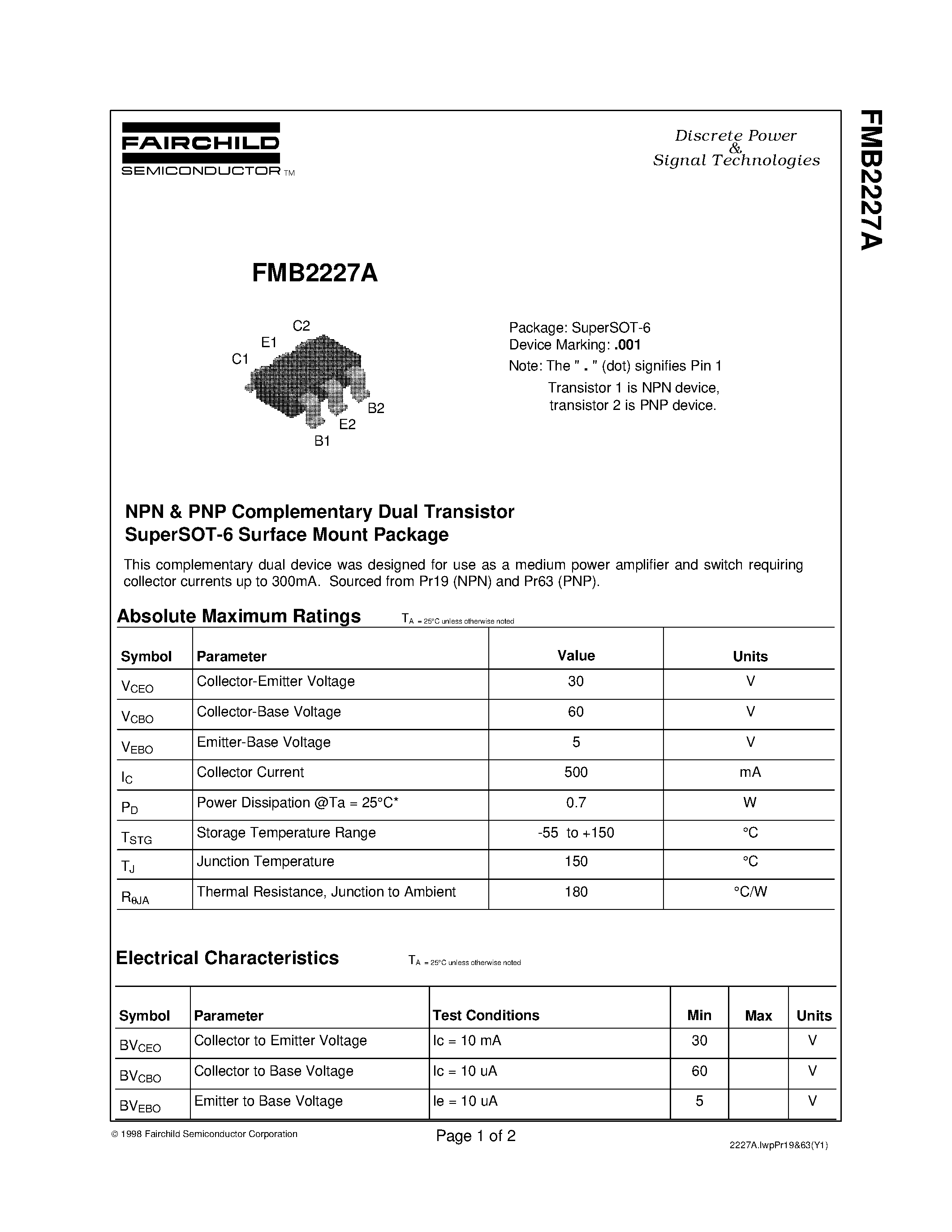 Datasheet FMB2227A - NPN & PNP General Purpose Amplifier page 1