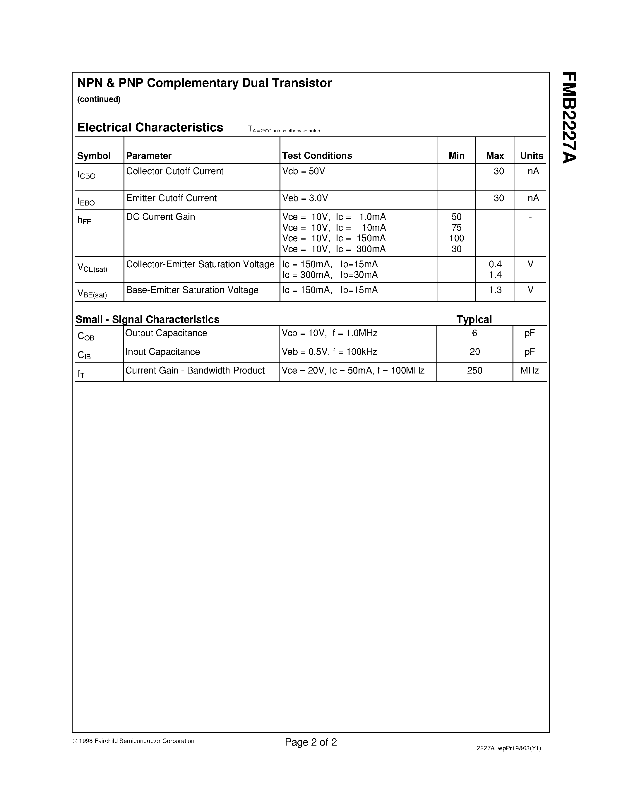 Datasheet FMB2227A page 2 Datasheet FMB2227A - NPN & PNP Complementary Dual Transistor SuperSOT-6 Surface Mount Package page 2