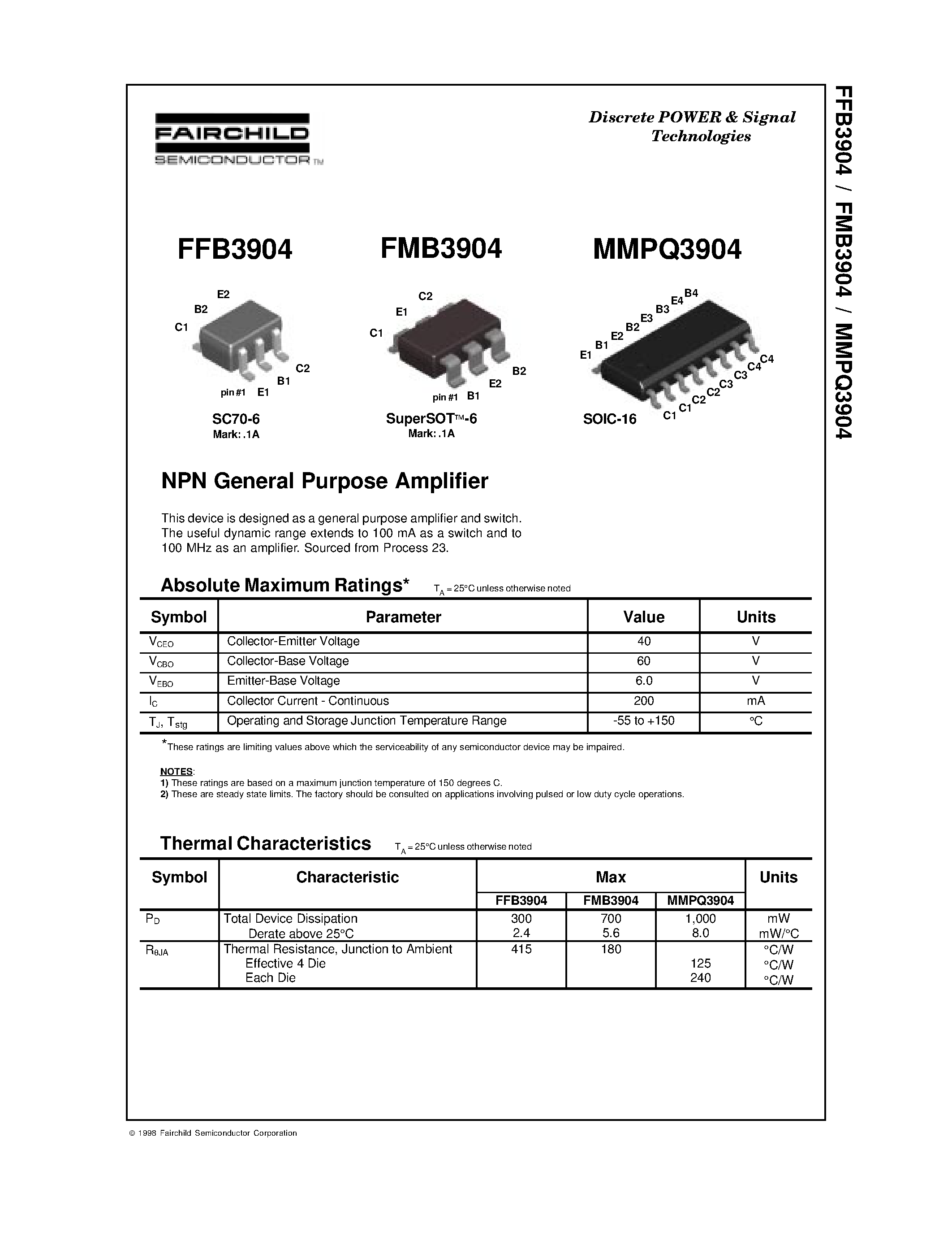 Datasheet FMB3904 - NPN General Purpose Amplifier page 1