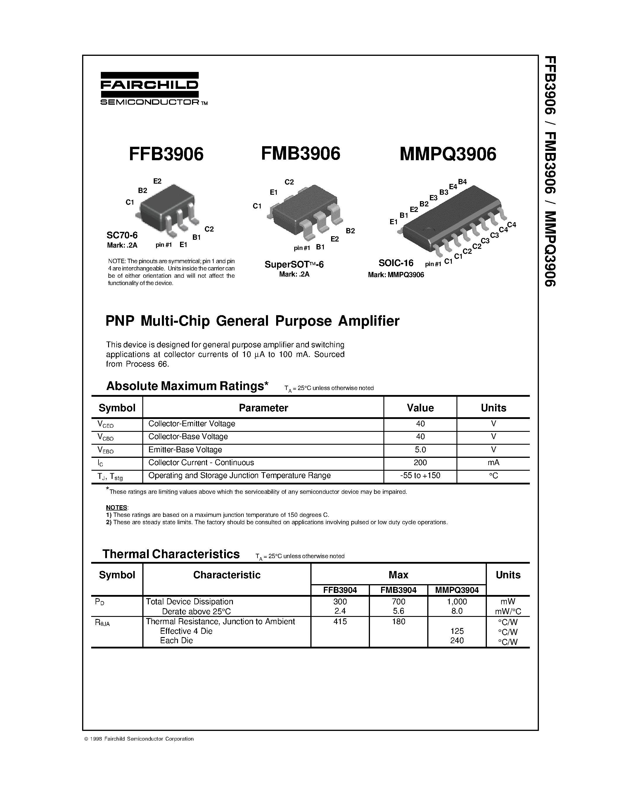 Даташит FMB3906 - PNP Multi-Chip General Purpose Amplifier страница 1