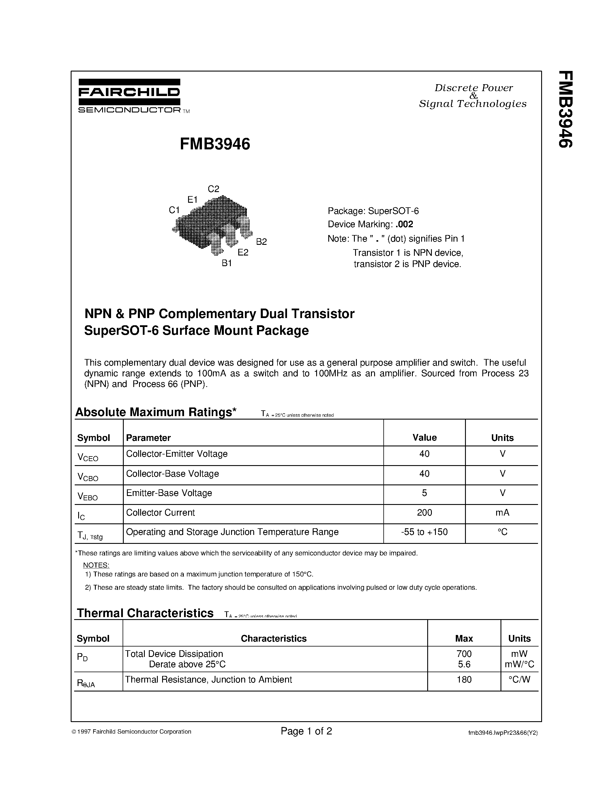 Datasheet FMB3946 - NPN & PNP General Purpose Amplifier page 1