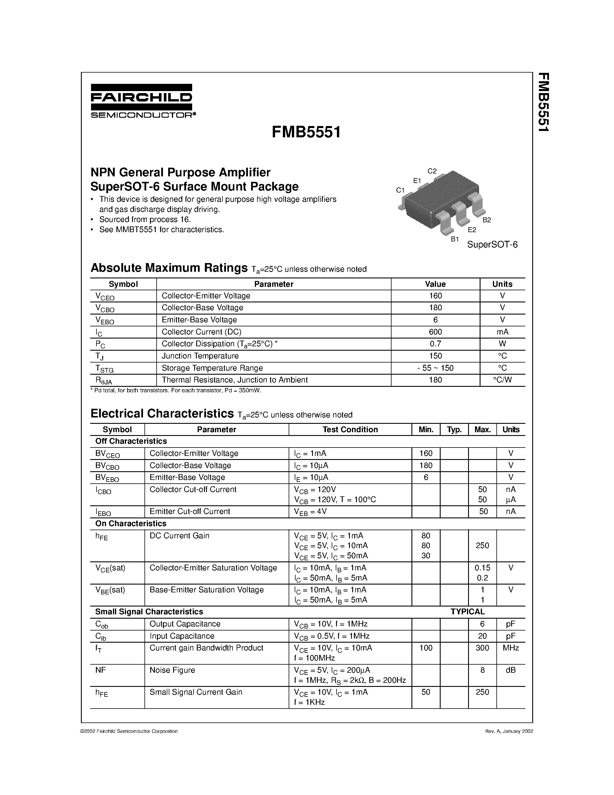 Datasheet FMB5551 - NPN General Purpose Amplifier SuperSOT-6 Surface Mount Package page 1