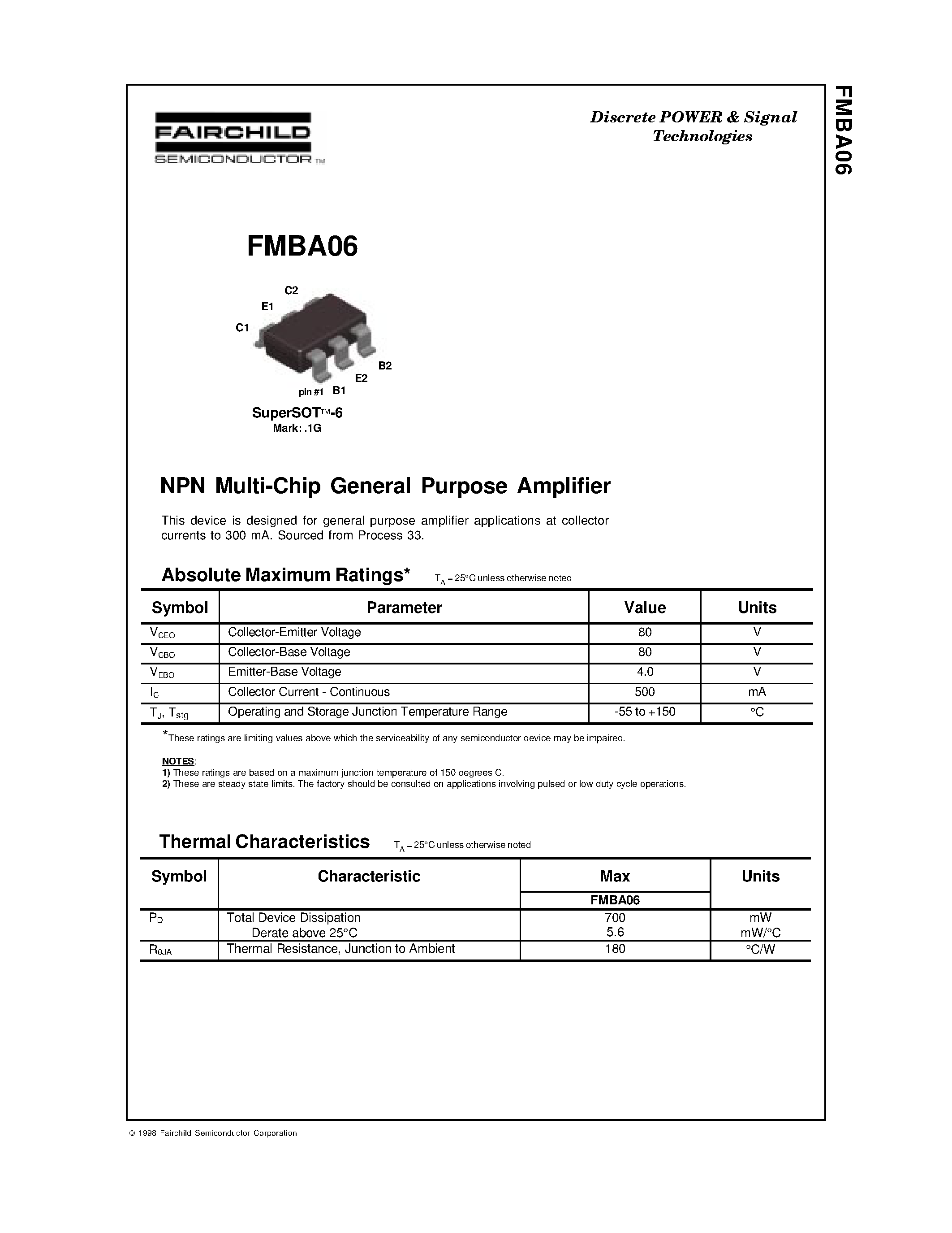 Даташит FMBA06 - NPN Multi-Chip General Purpose Amplifier страница 1