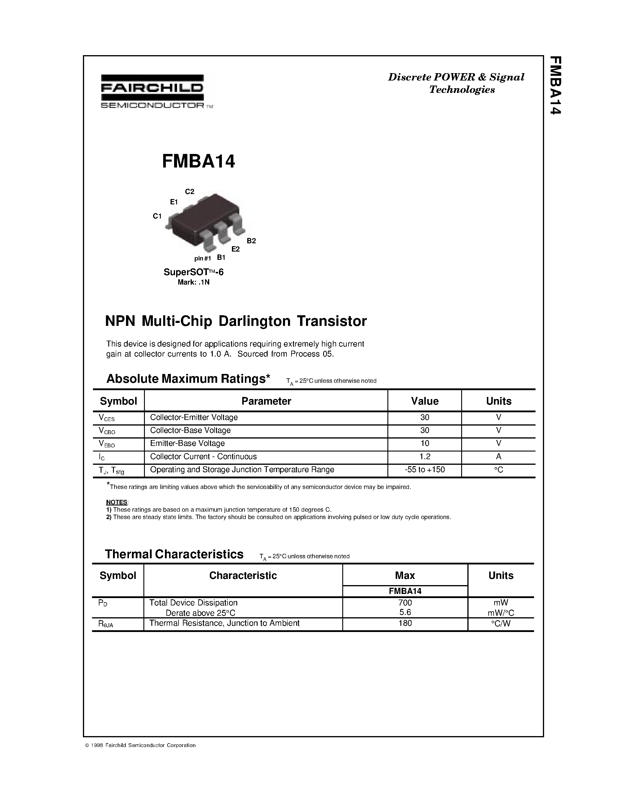 Даташит FMBA14 - NPN Multi-Chip Darlington Transistor страница 1