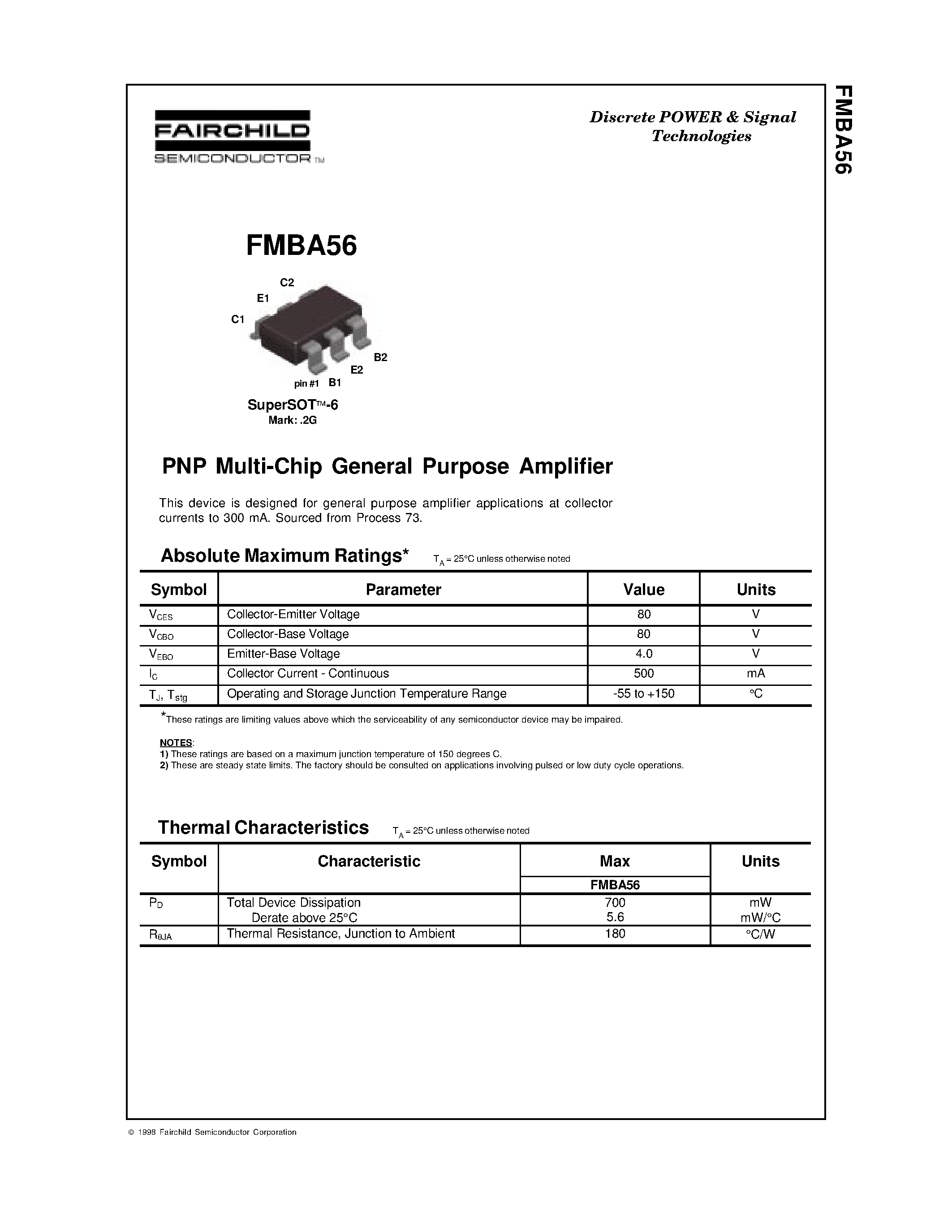 Даташит FMBA56 - PNP Multi-Chip General Purpose Amplifier страница 1