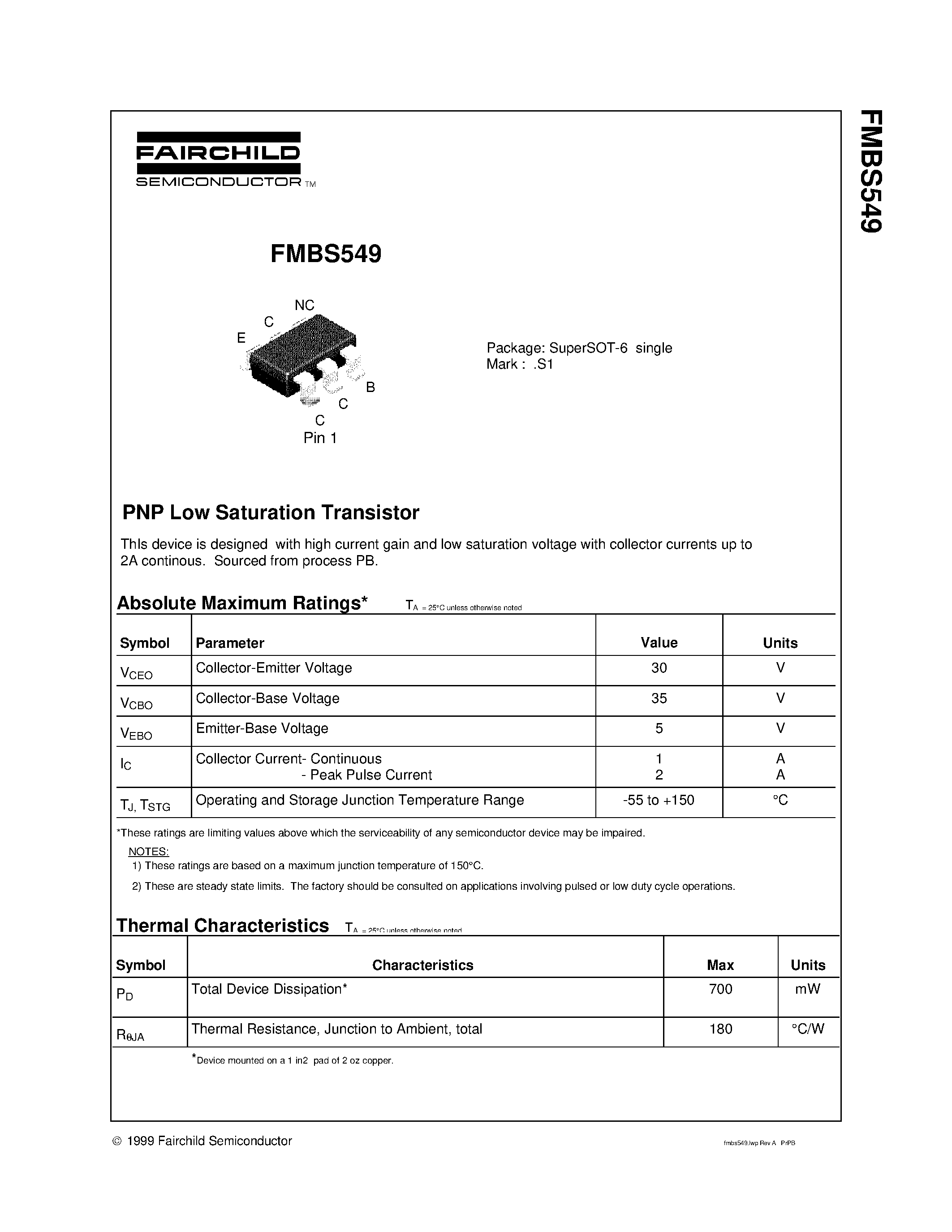 Даташит FMBS549 - PNP Low Saturation Transistor страница 1