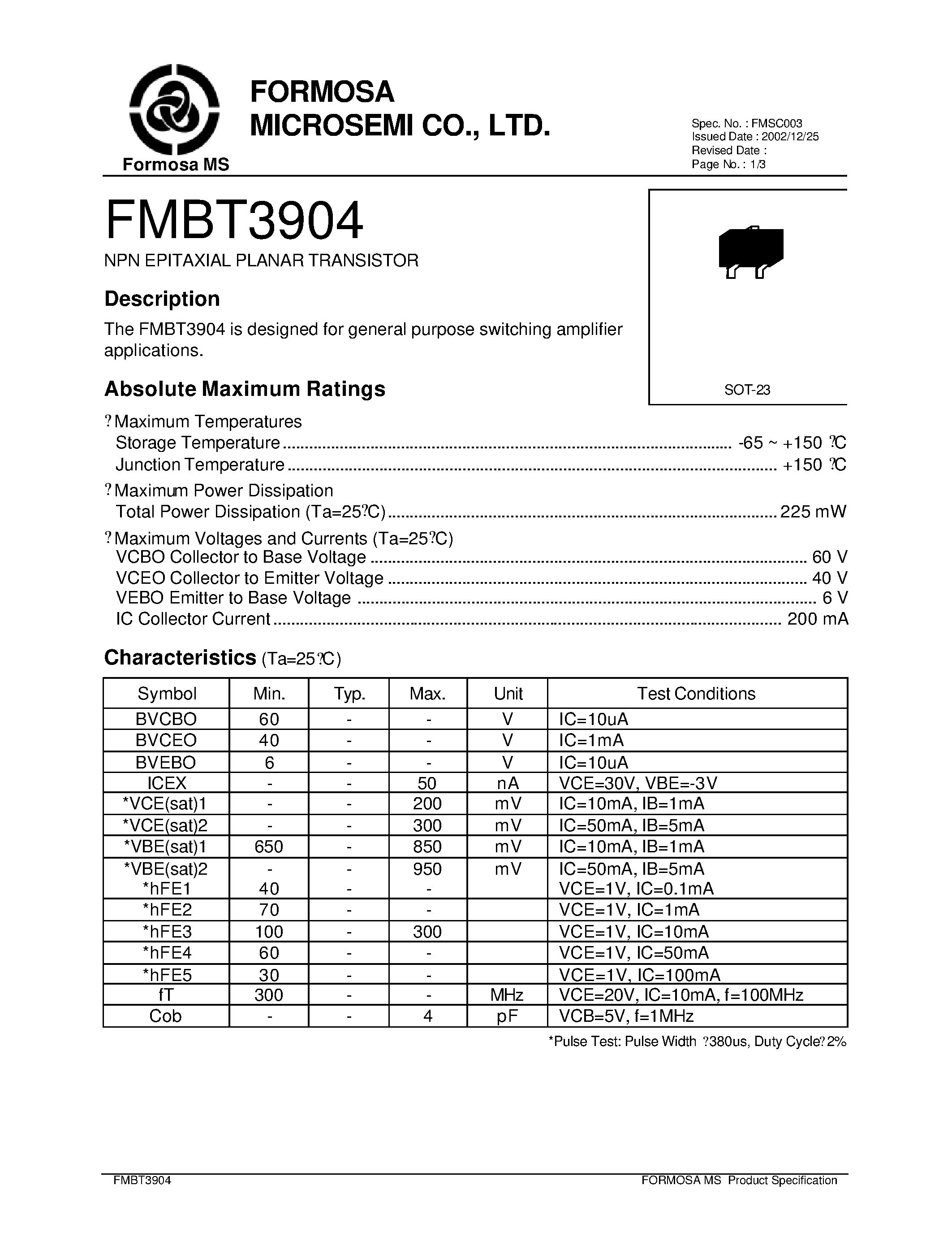 Datasheet FMBT3904 - NPN EPITAXIAL PLANAR TRANSISTOR page 1