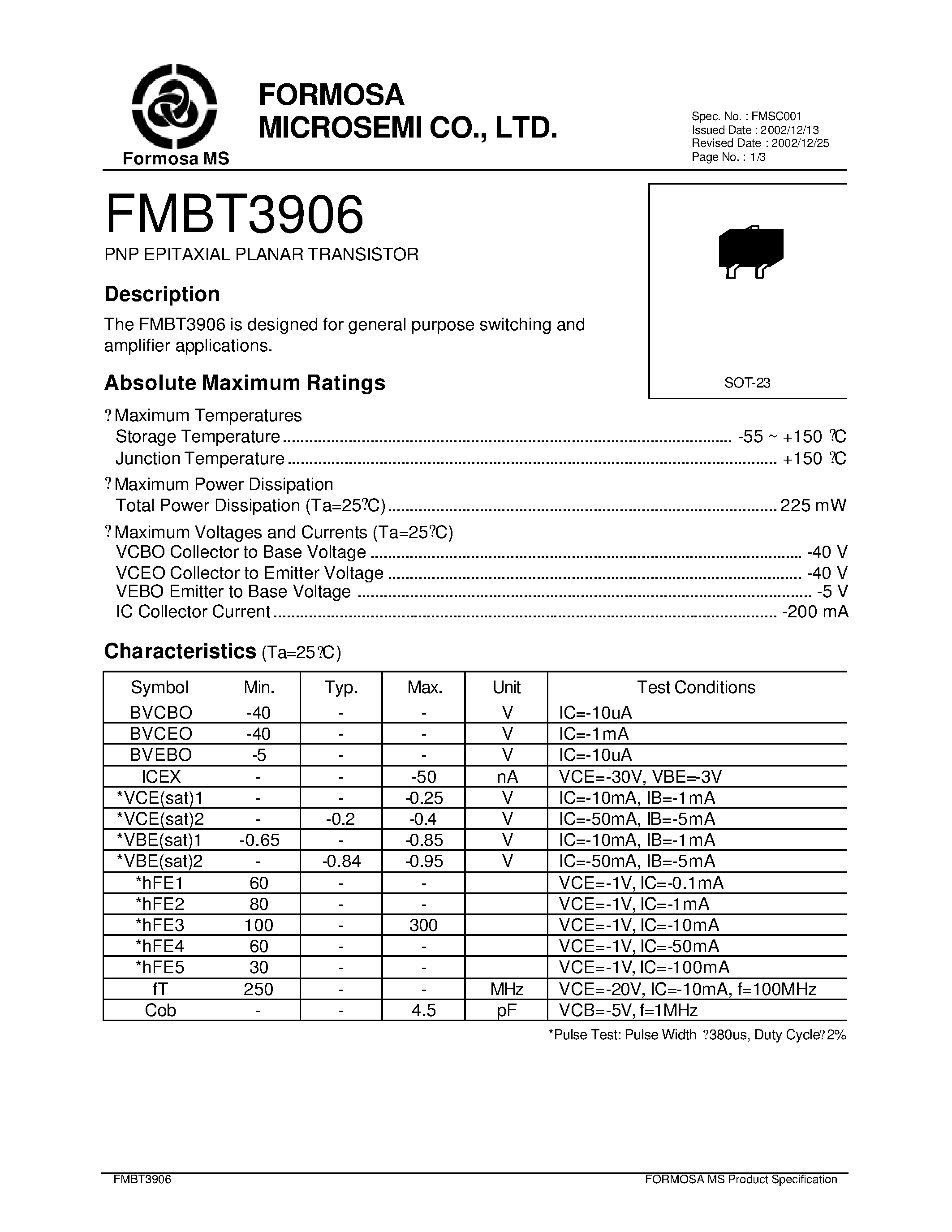 Даташит FMBT3906 - PNP EPITAXIAL PLANAR TRANSISTOR страница 1