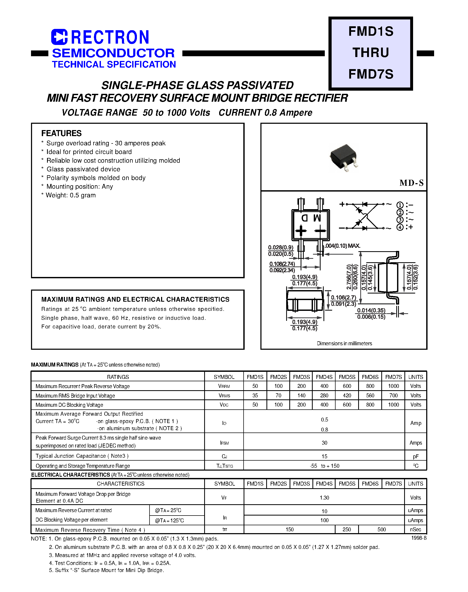 Datasheet FMD5S page 1 Datasheet FMD5S - SINGLE-PHASE GLASS PASSIVATED MINI FAST RECOVERY SURFACE MOUNT BRIDGE RECTIFIER (VOLTAGE RANGE 50 to 1000 Volts CURRENT 0.8 Ampere) page 1