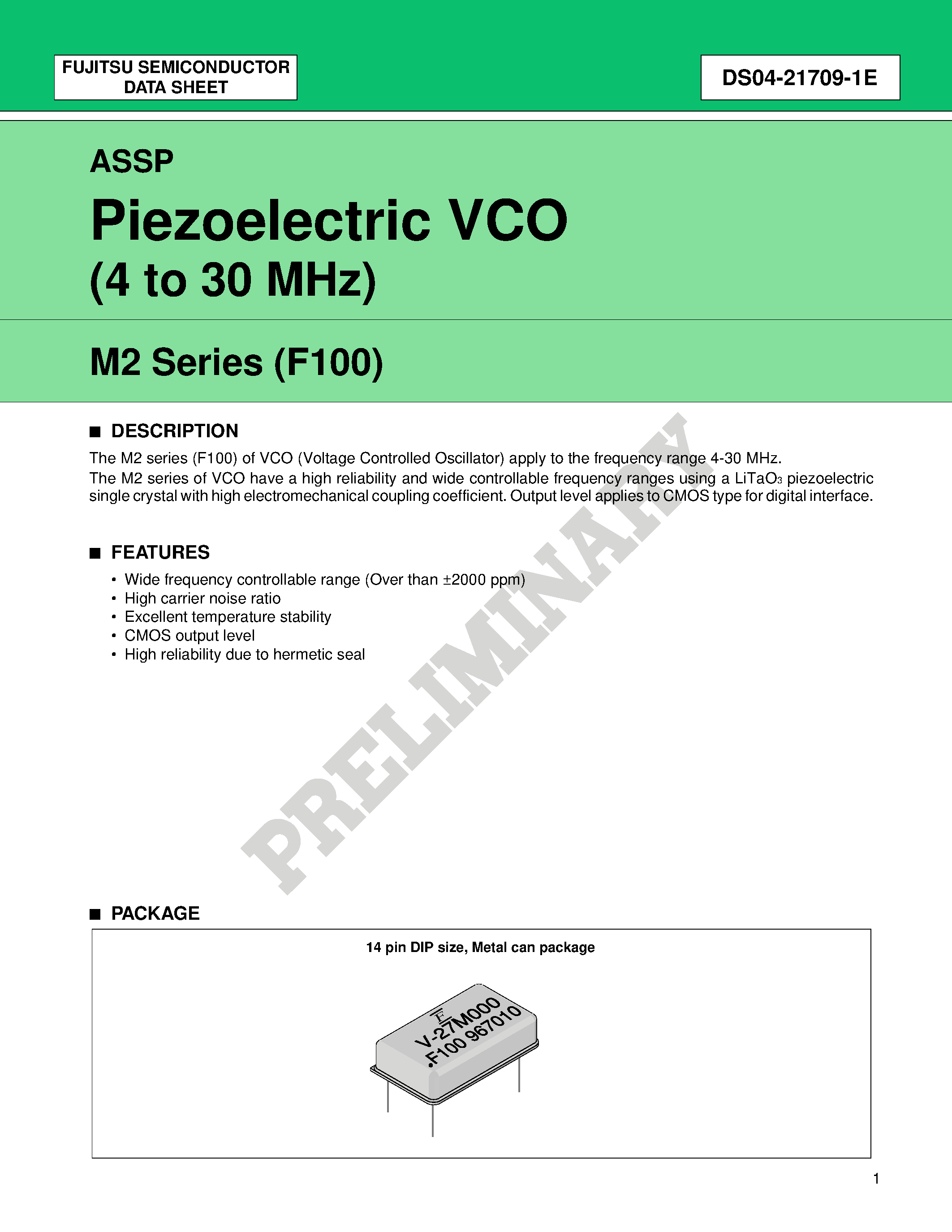 Даташит FAR-M2DB-25M175-F100 - Piezoelectric VCO (4 to 30 MHz) страница 1