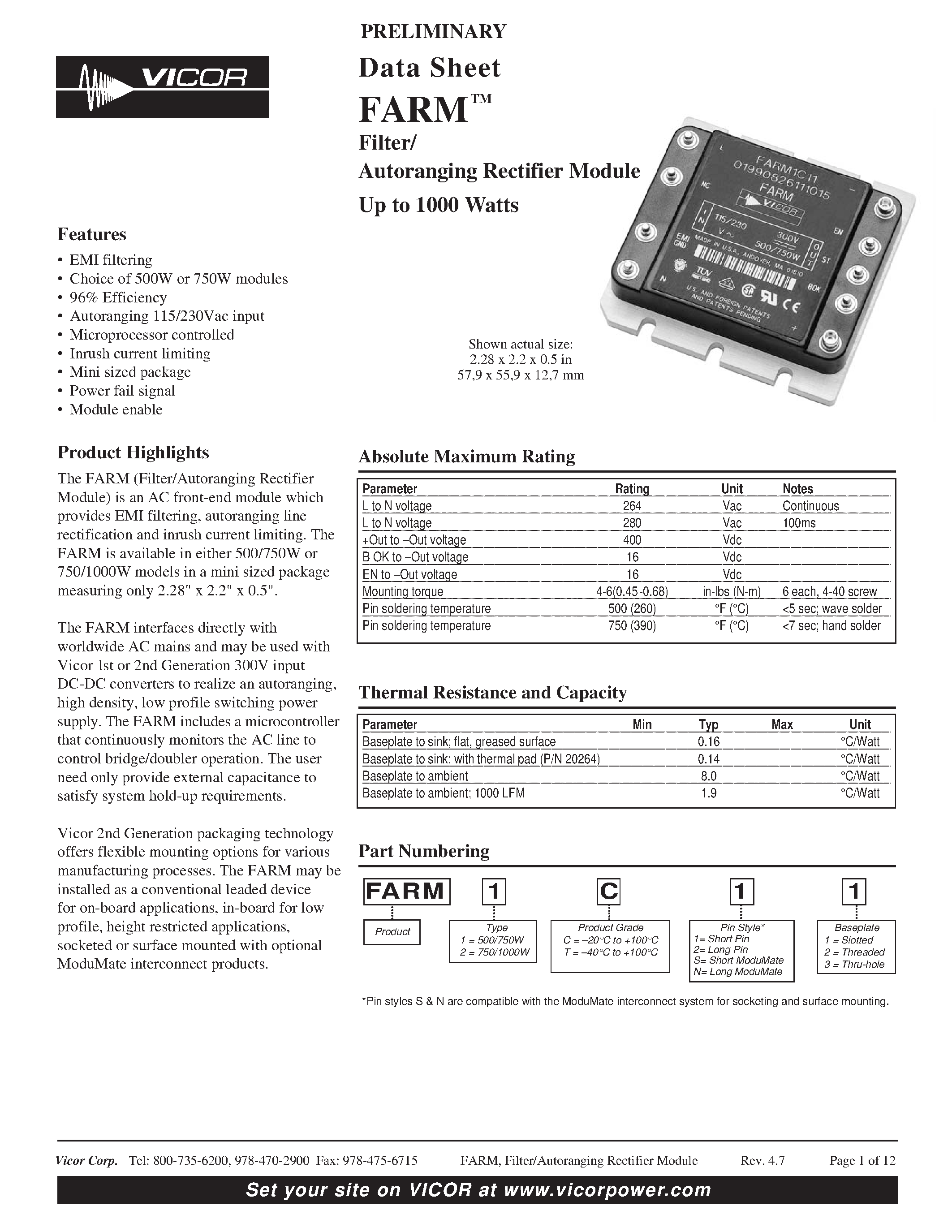 Datasheet FARM2CN2 page 1 Datasheet FARM2CN2 - FARM Filter/ Autoranging Rectifier Module page 1